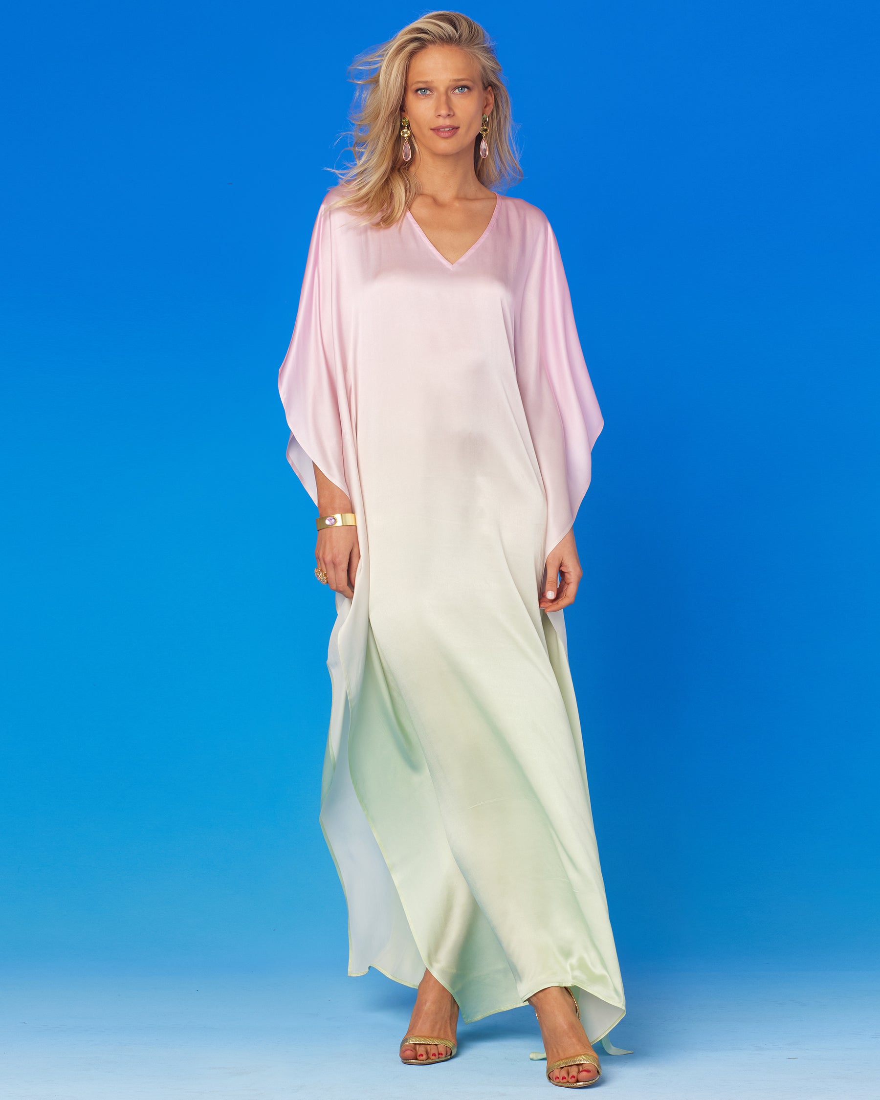 Aurora Silk Kaftan in Rose Pink and Ambrosia Green Ombre-Front View