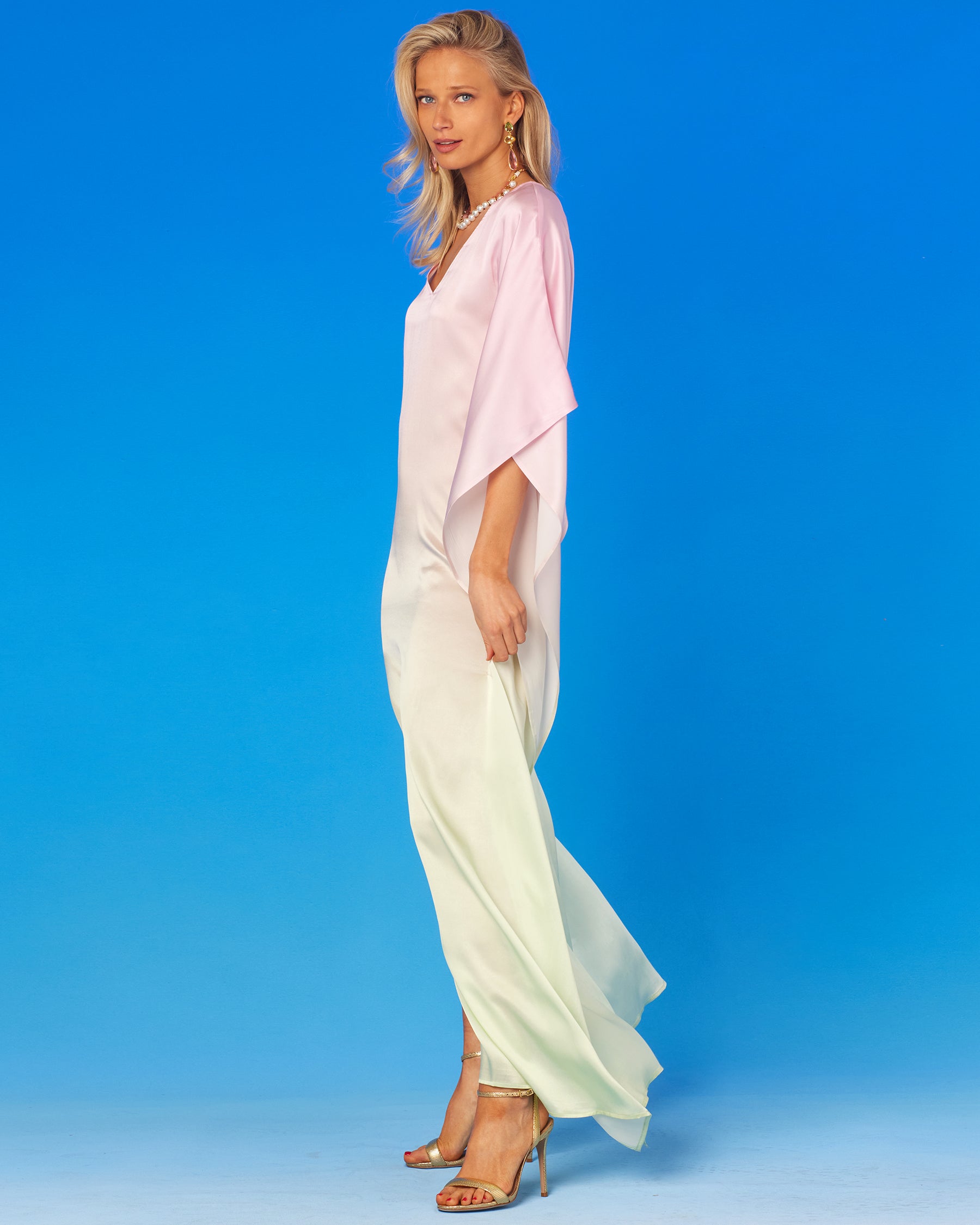 Aurora Silk Kaftan in Rose Pink and Ambrosia Green Ombre-Side View