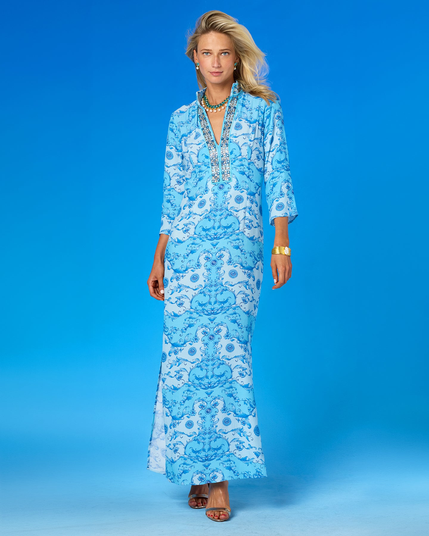 The Azzurra Long Tunic Dress in Rococo Blues and Embellishment