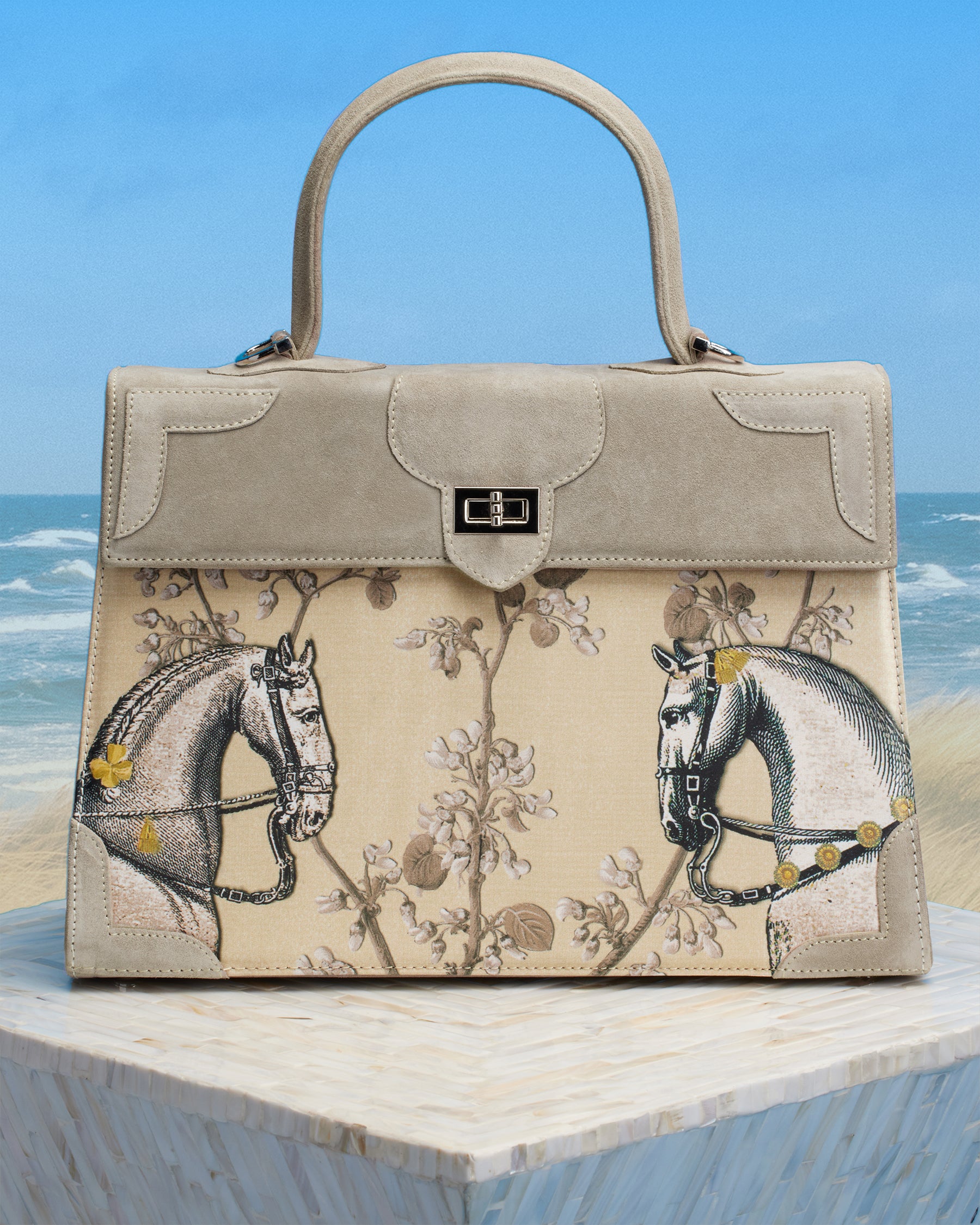 Marquise Paris Recontre Équestre Top Handle Shoulder Bag in Sand-Front View