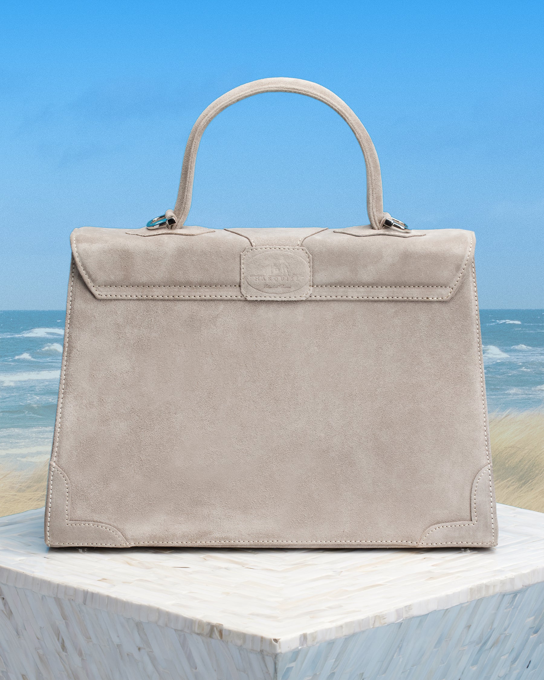 Marquise Paris Recontre Équestre Top Handle Shoulder Bag in Blue Taupe-Back View