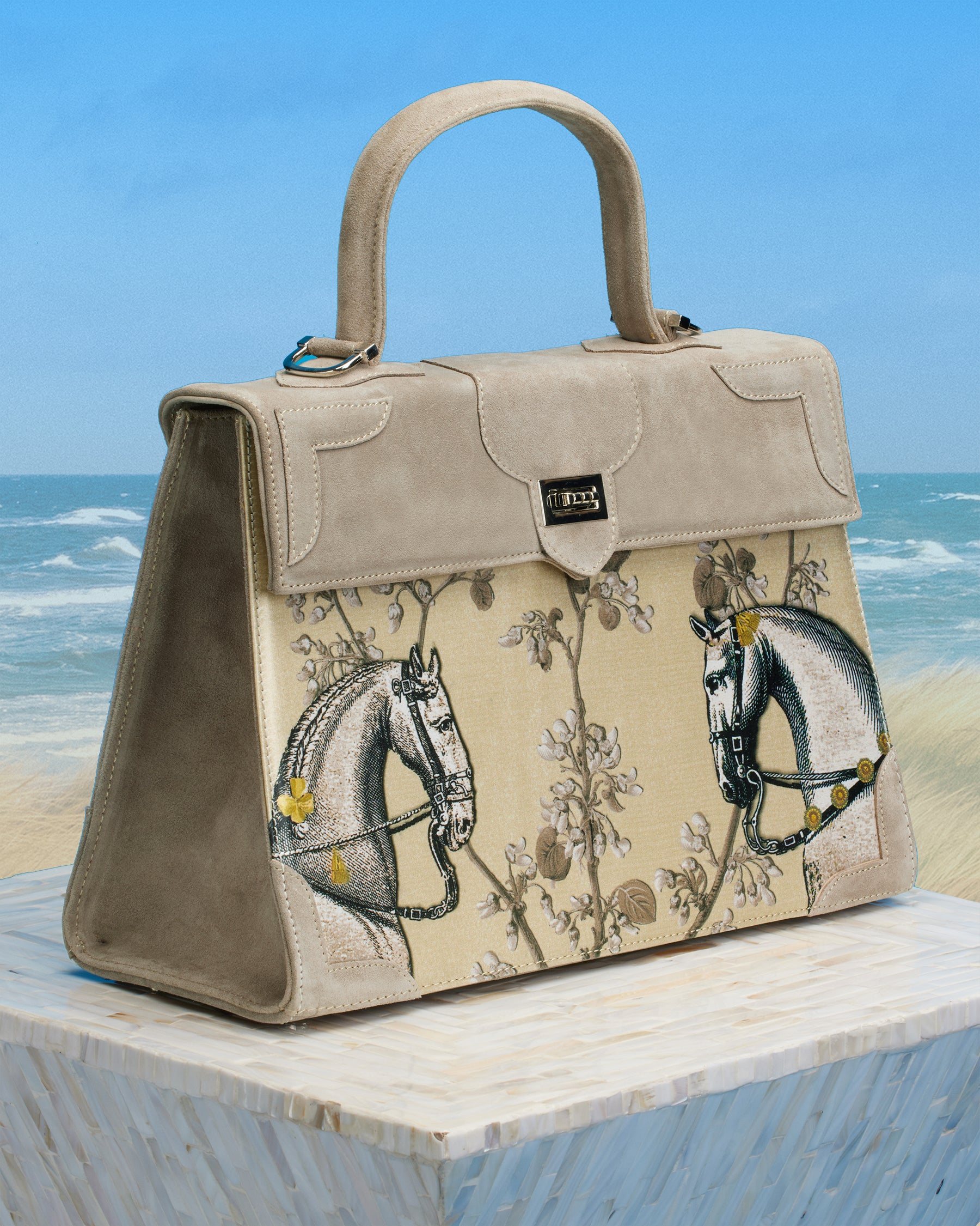 Marquise Paris Recontre Équestre Top Handle Shoulder Bag in Sand-Three Quarter View