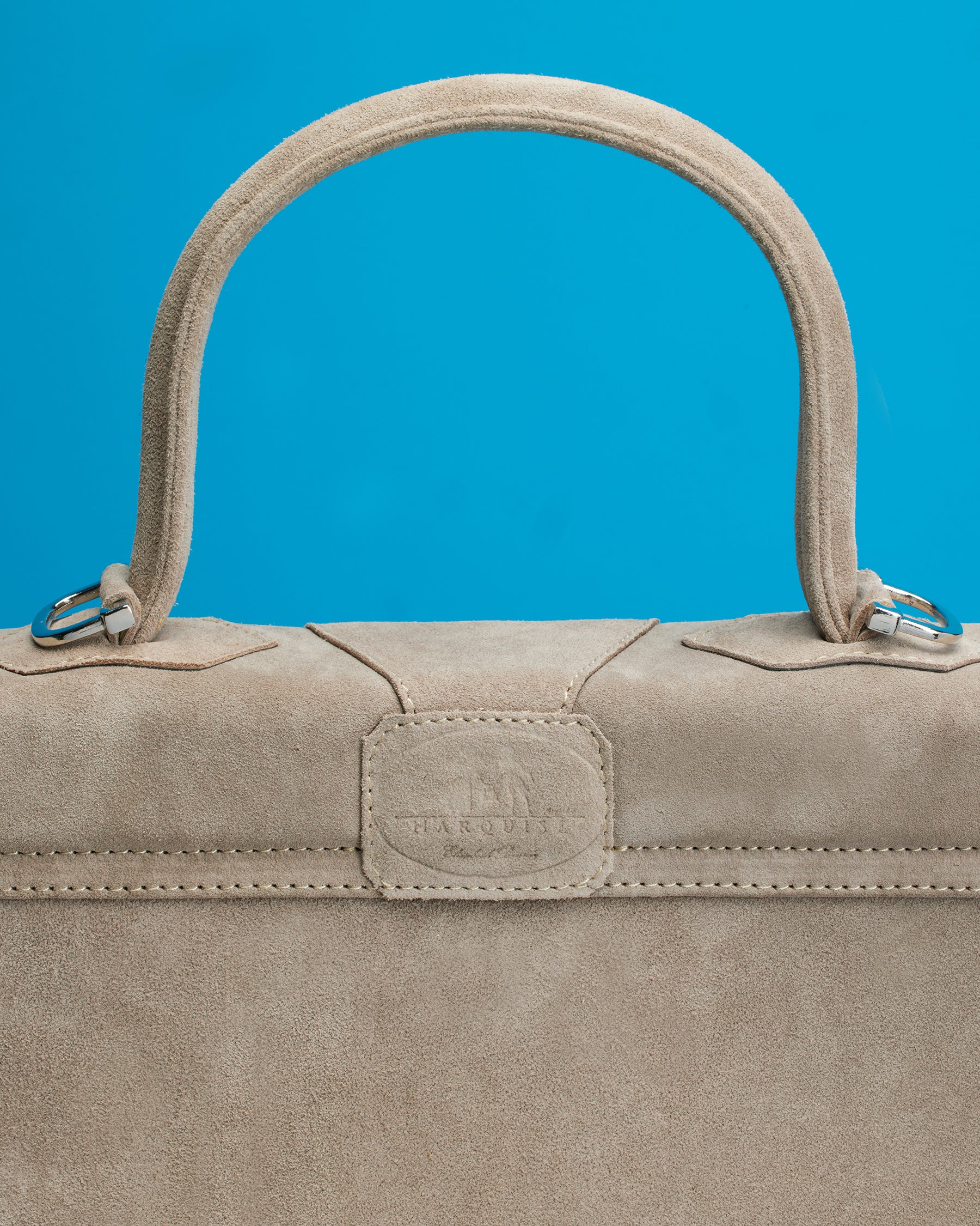 Marquise Paris Recontre Équestre Top Handle Shoulder Bag in Sand-Back View of Logo Debossed in Suede