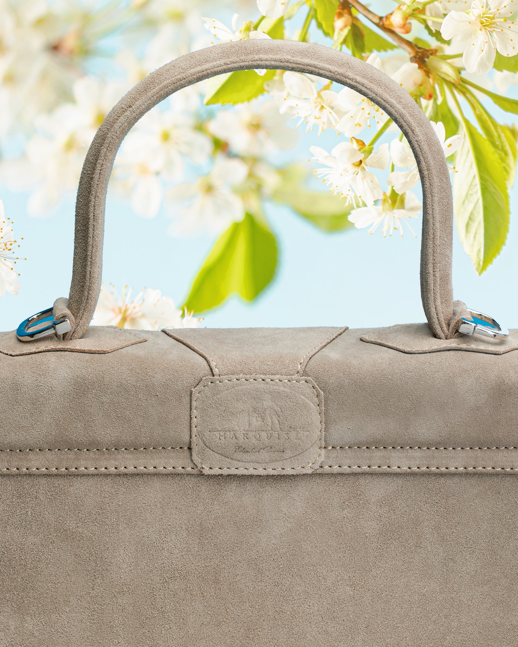 Marquise Paris Marquise Le Perdreau Top Handle Shoulder Bag in Sand-Detail view of back with debossed logo