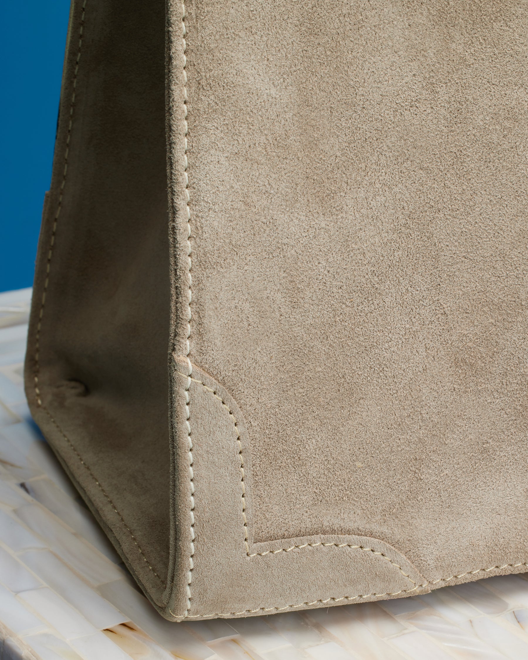Marquise Paris Recontre Équestre Top Handle Shoulder Bag in Sand-Detail of Back Suede