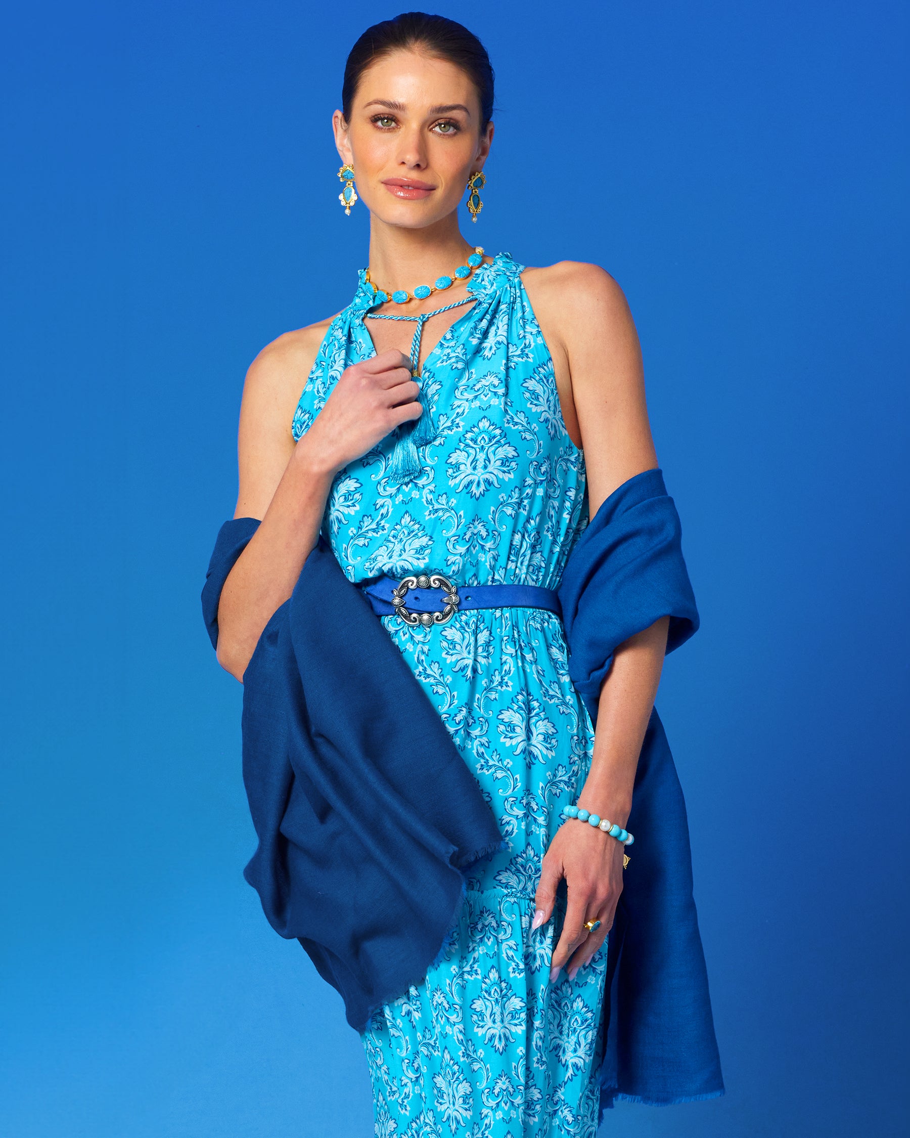 Josephine Pashmina Shawl in Midnight Blue worn with the Bailey Halterneck Maxi Dress in Turquoise Baroque Florals