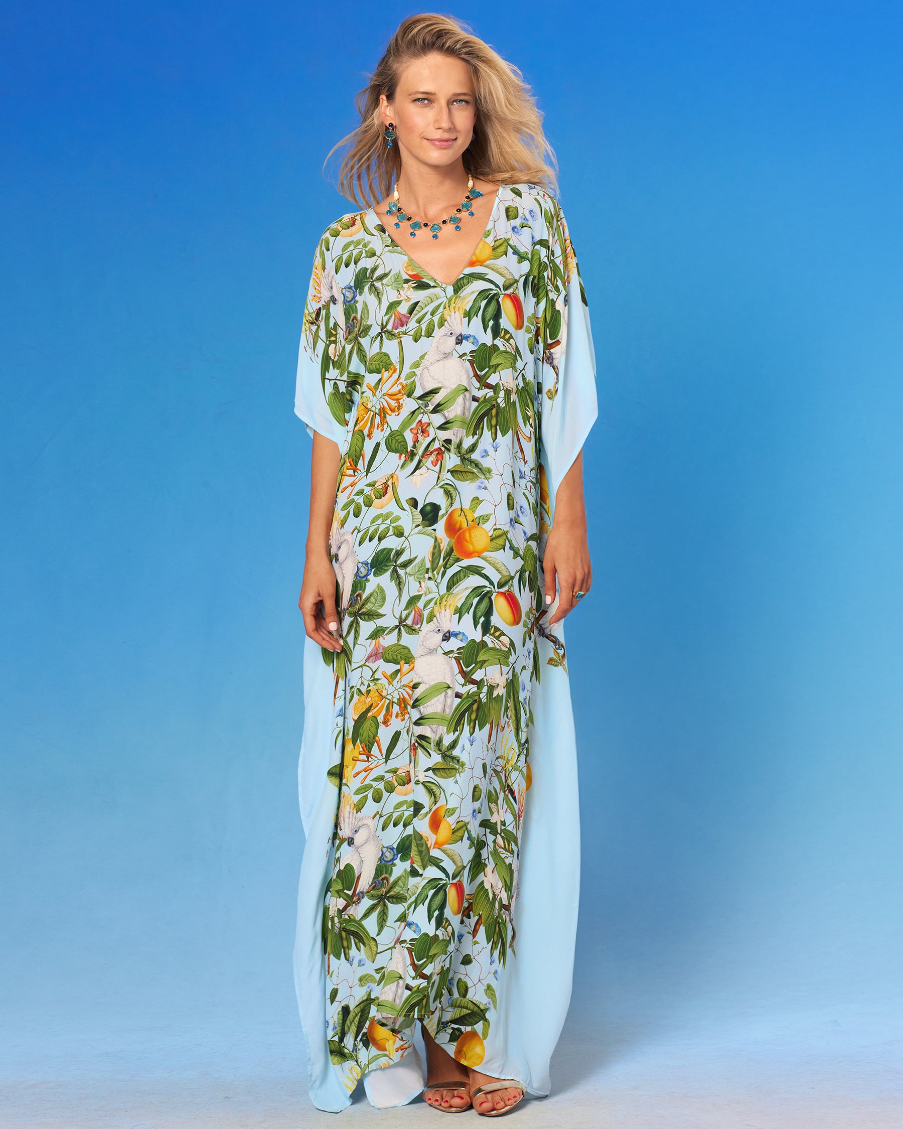 Bali Long Kaftan in Exotic Orchard front view