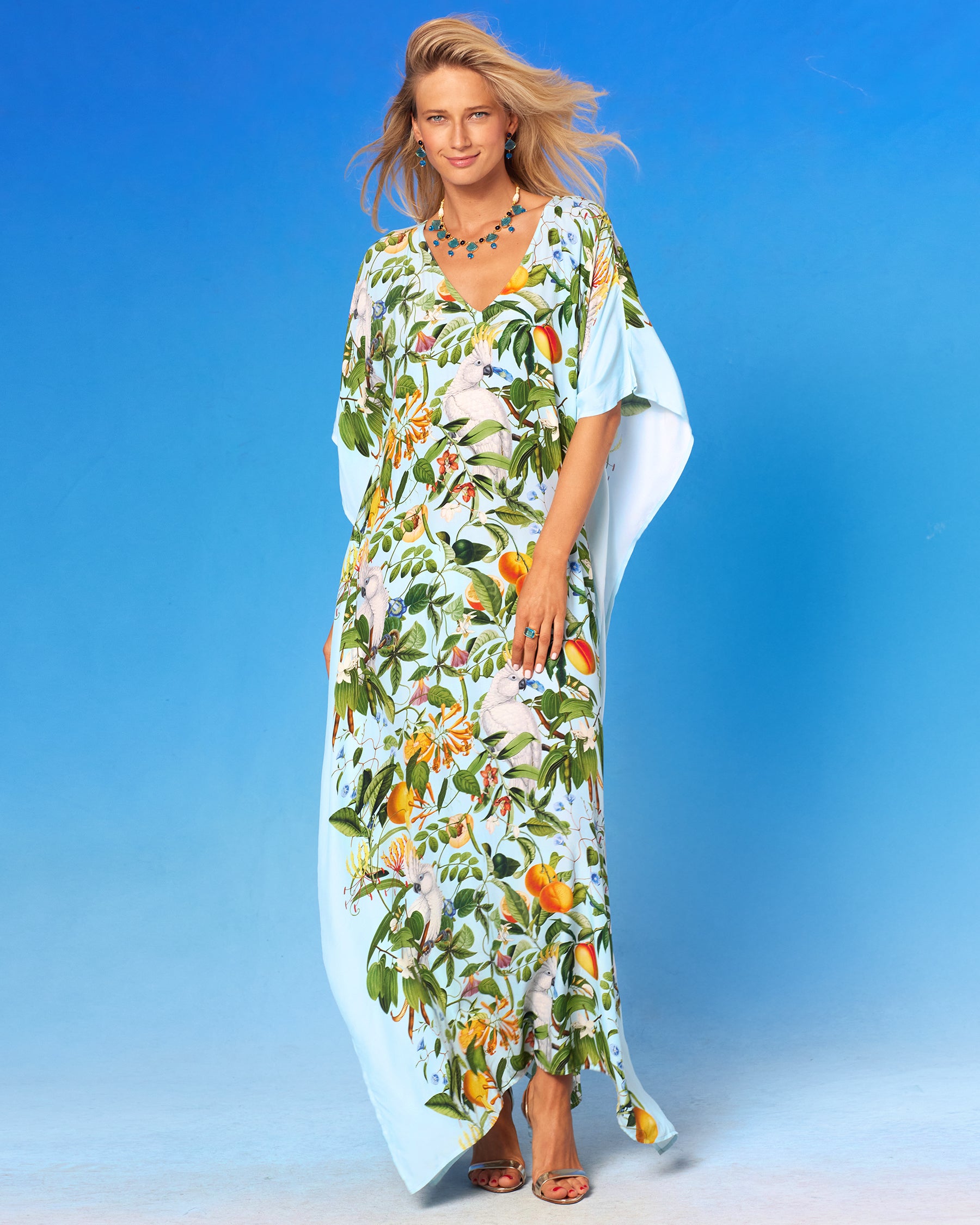 Bali Long Kaftan in Exotic Orchard front full view