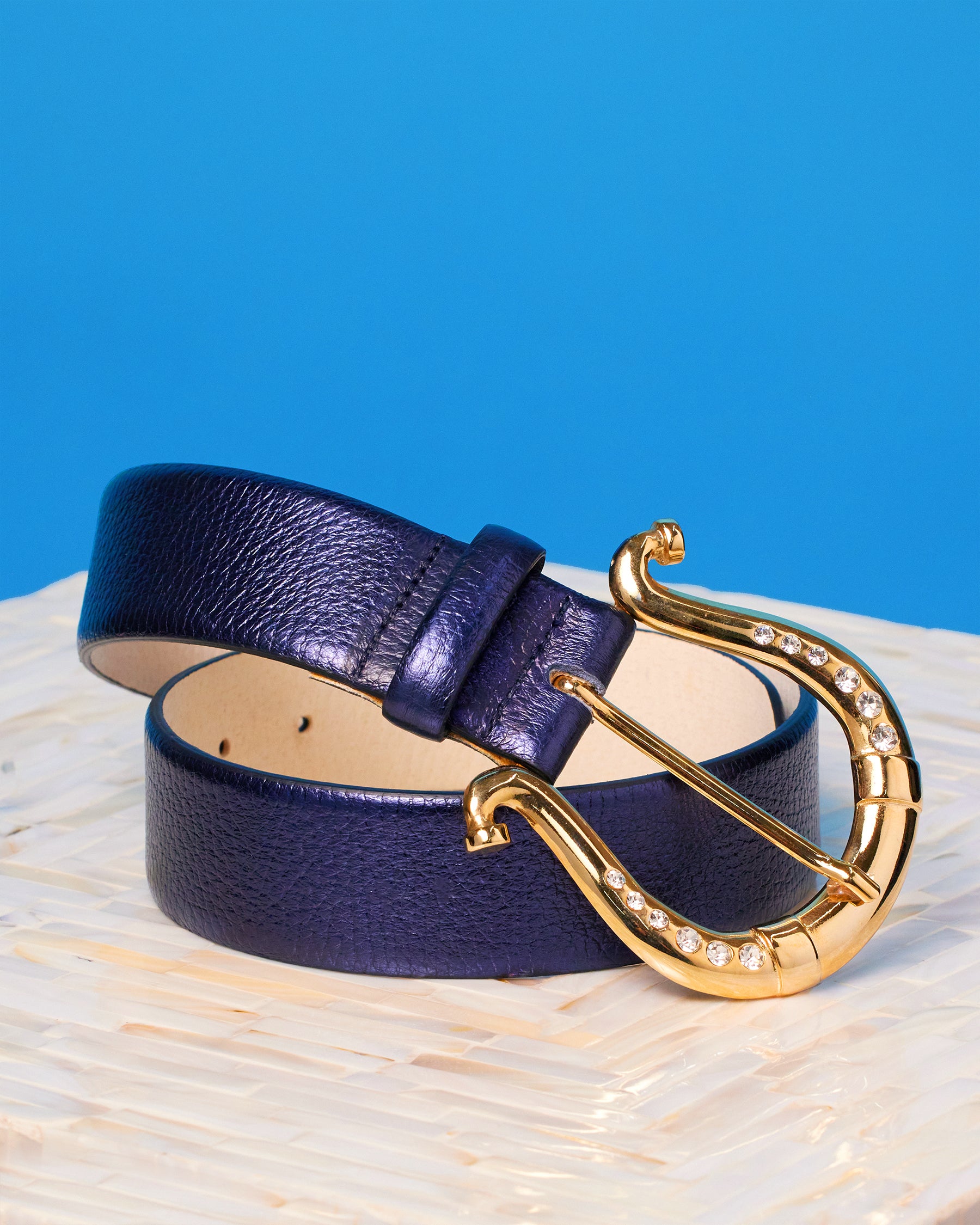 slim fit dress slacks Nicoblu Astrid Leather Belt in Navy and Gold Horseshoe Buckle with Rhinestones XL