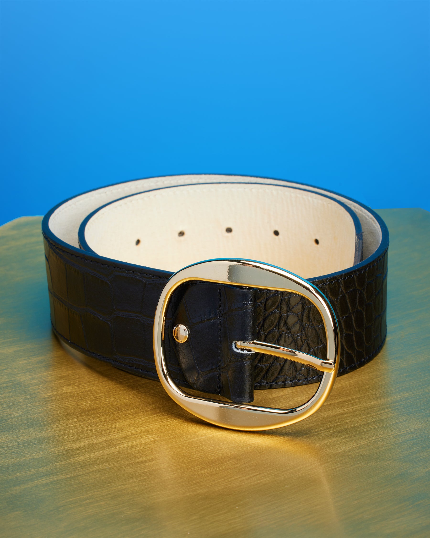 NicoBlu® Thornton Wide Leather Belt in Croc-Embossed Honey Tan