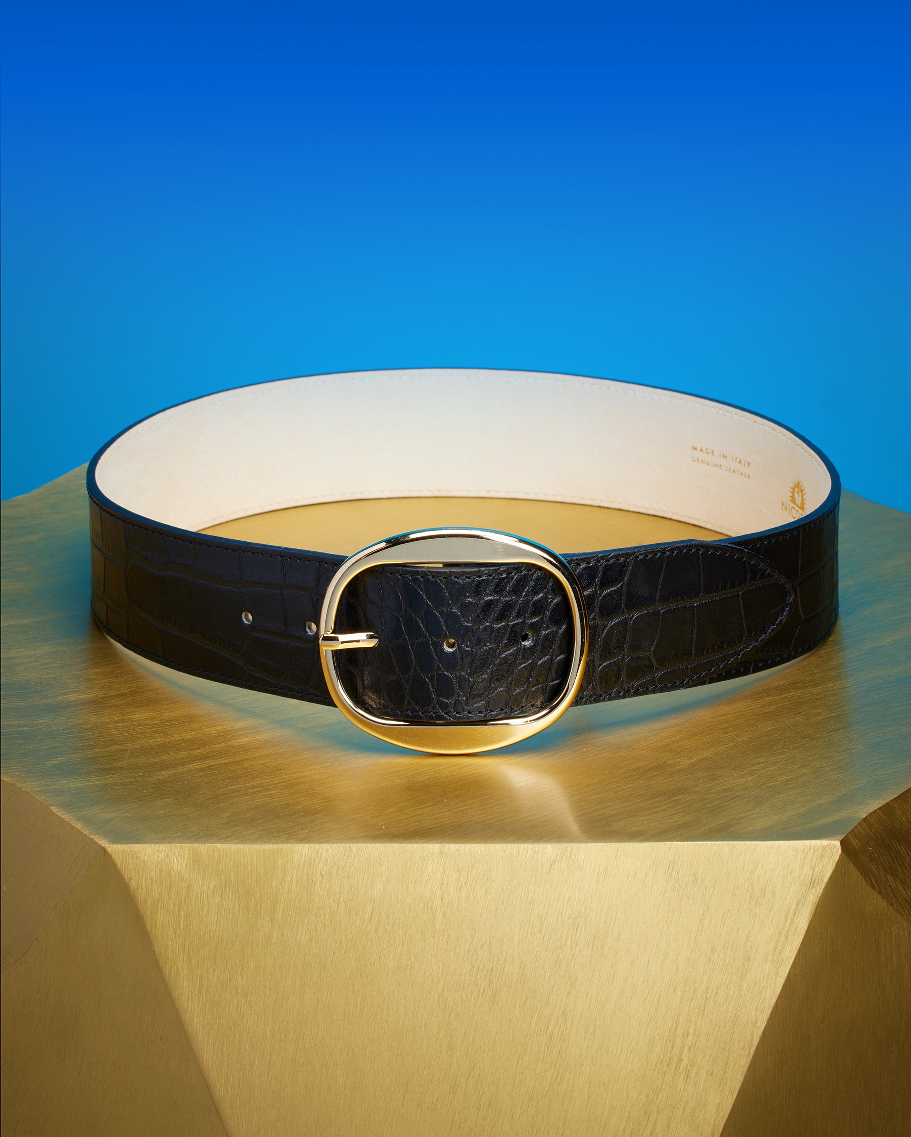 Thornton Wide Leather Belt in Croc-Embossed Rich Black