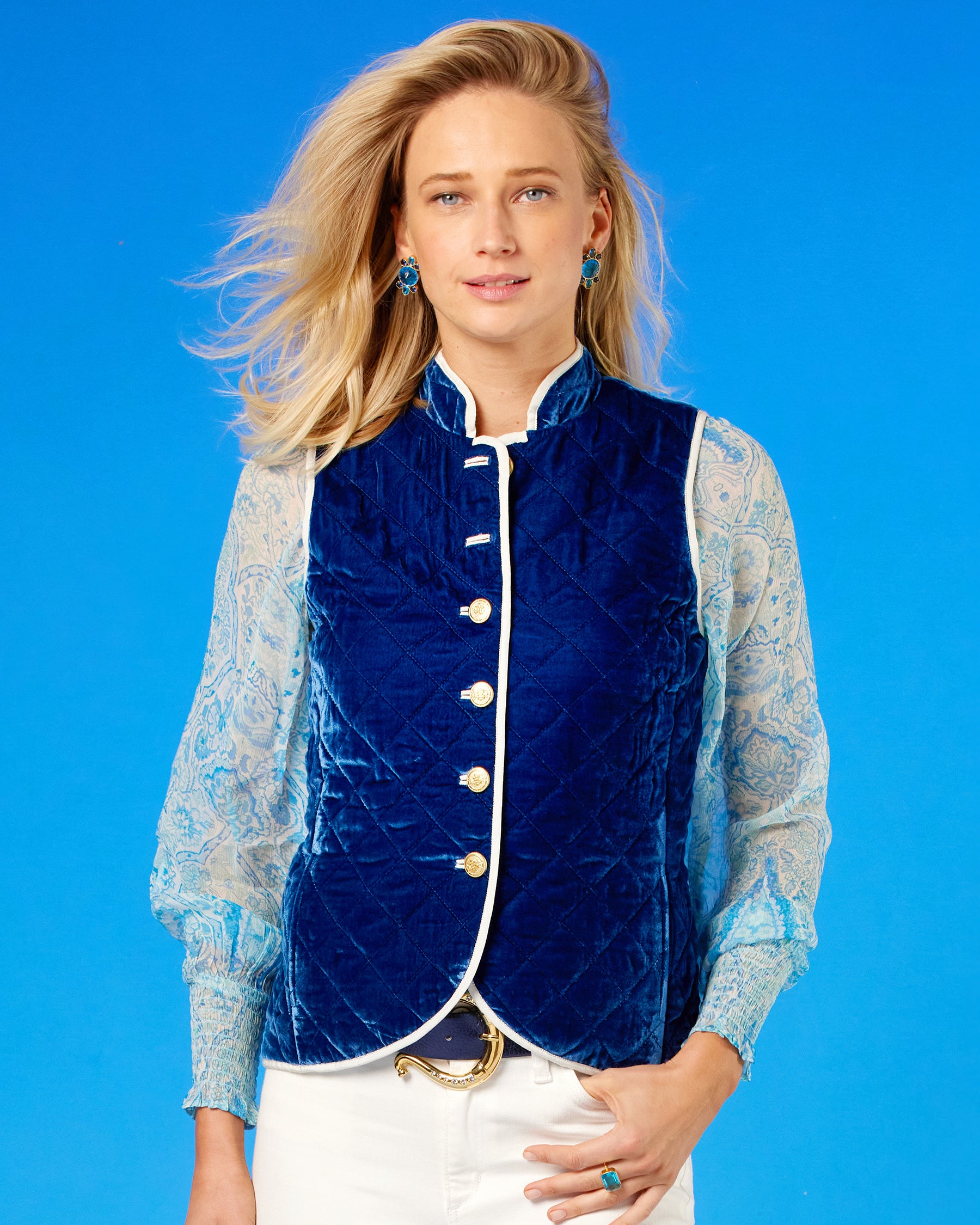 Bentley Quilted Vest in Navy Silk Blend Velvet closeup