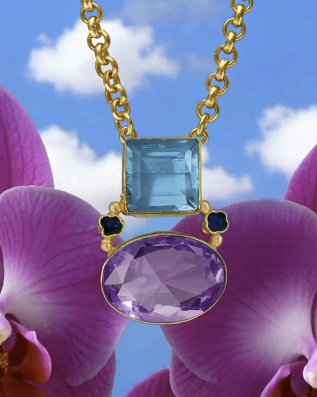 Berkley Pendant Chain Necklace in Blue and Amethyst Purple front view