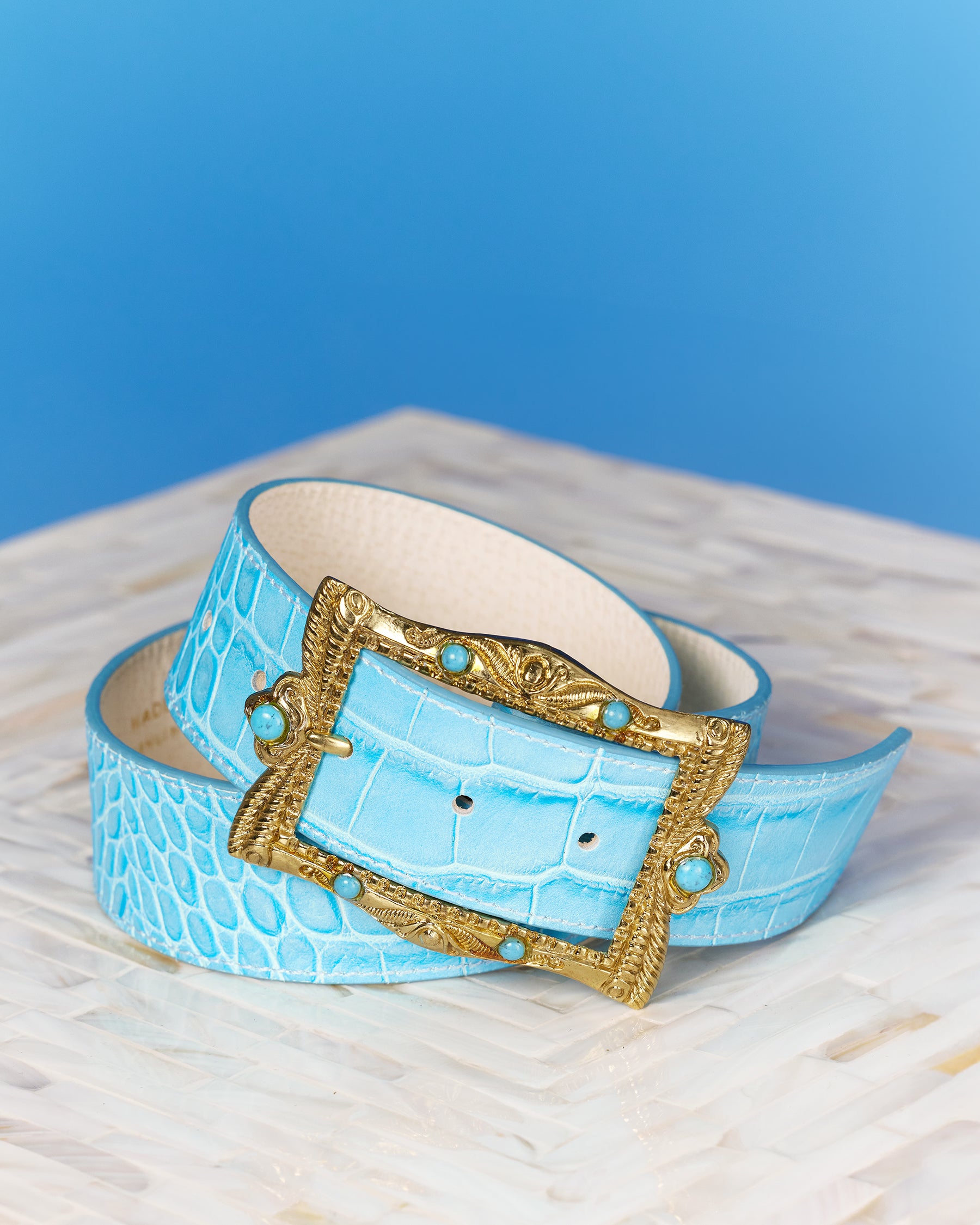 NicoBlu Blair Leather Belt in Croc-Embossed Turquoise L NicoBlu Blair Leather Belt in Croc-Embossed Turquoise L
