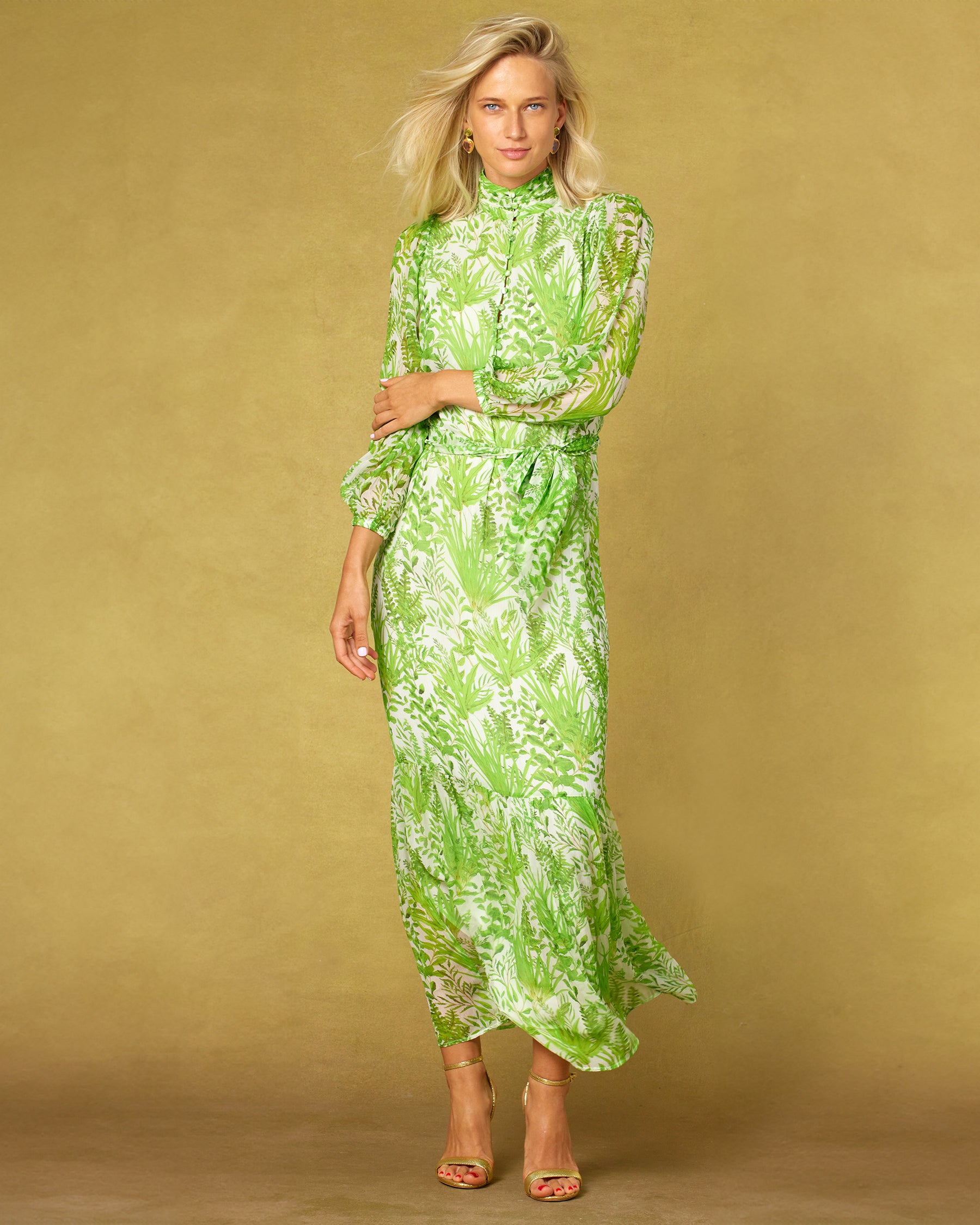 Blythe Maxi Crinkle Chiffon Dress in Delicate Greenery-Front view