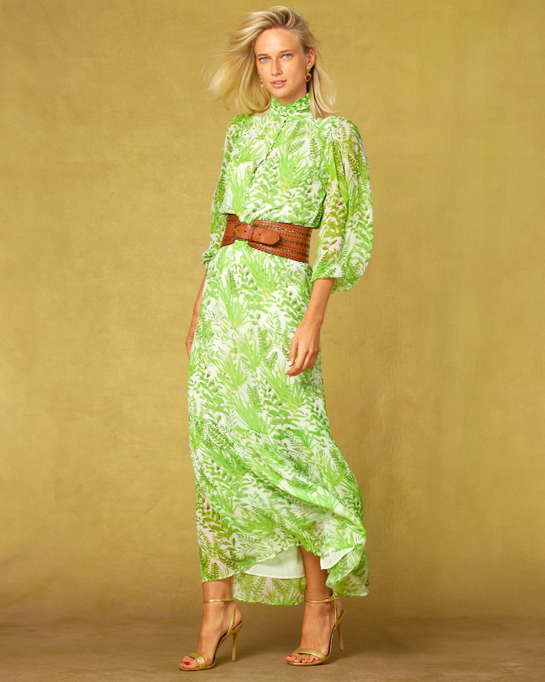 Campomaggi Malibu Wide Corset Pyramid Laser Cut Belt in Dark Brown worn with the Blythe Maxi Crinkle Chiffon Dress in Delicate Greenery