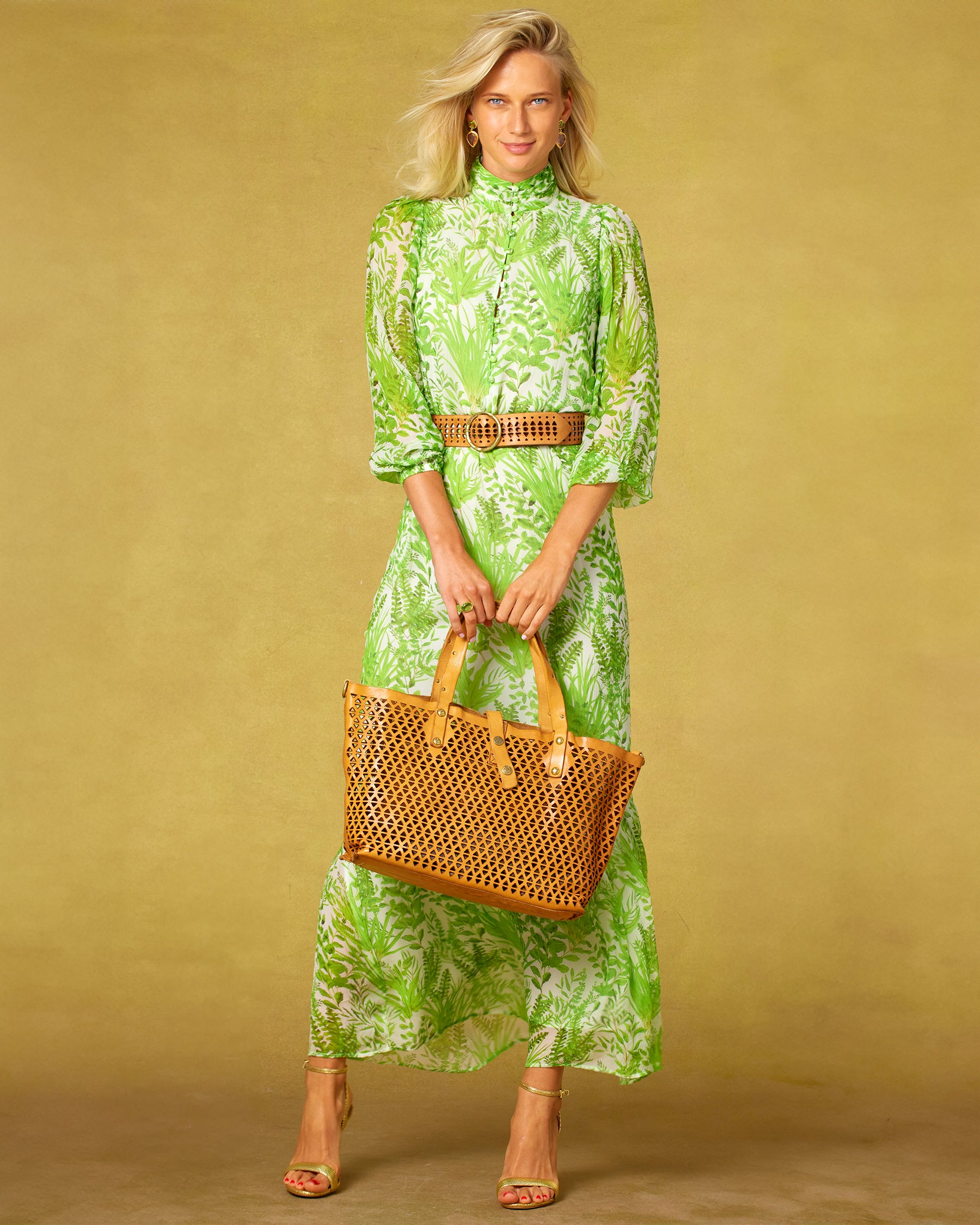 Campomaggi Malibu Pyramid Cut Tote Bag in Tan worn with the Blythe Maxi Crinkle Chiffon Dress in Delicate Greenery