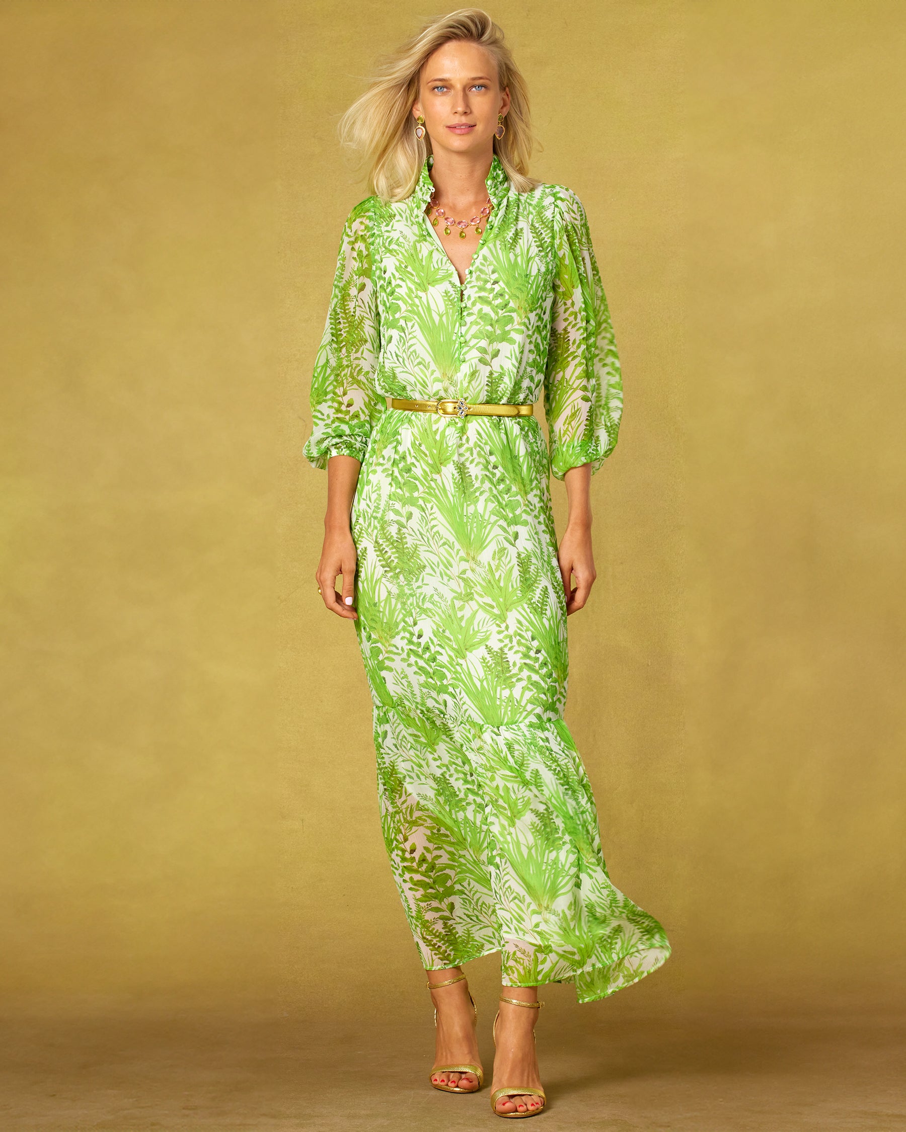 Harlow Gold Leather Belt in Blue Gem Accents worn with the Blythe Maxi Crinkle Chiffon Dress in Delicate Greenery