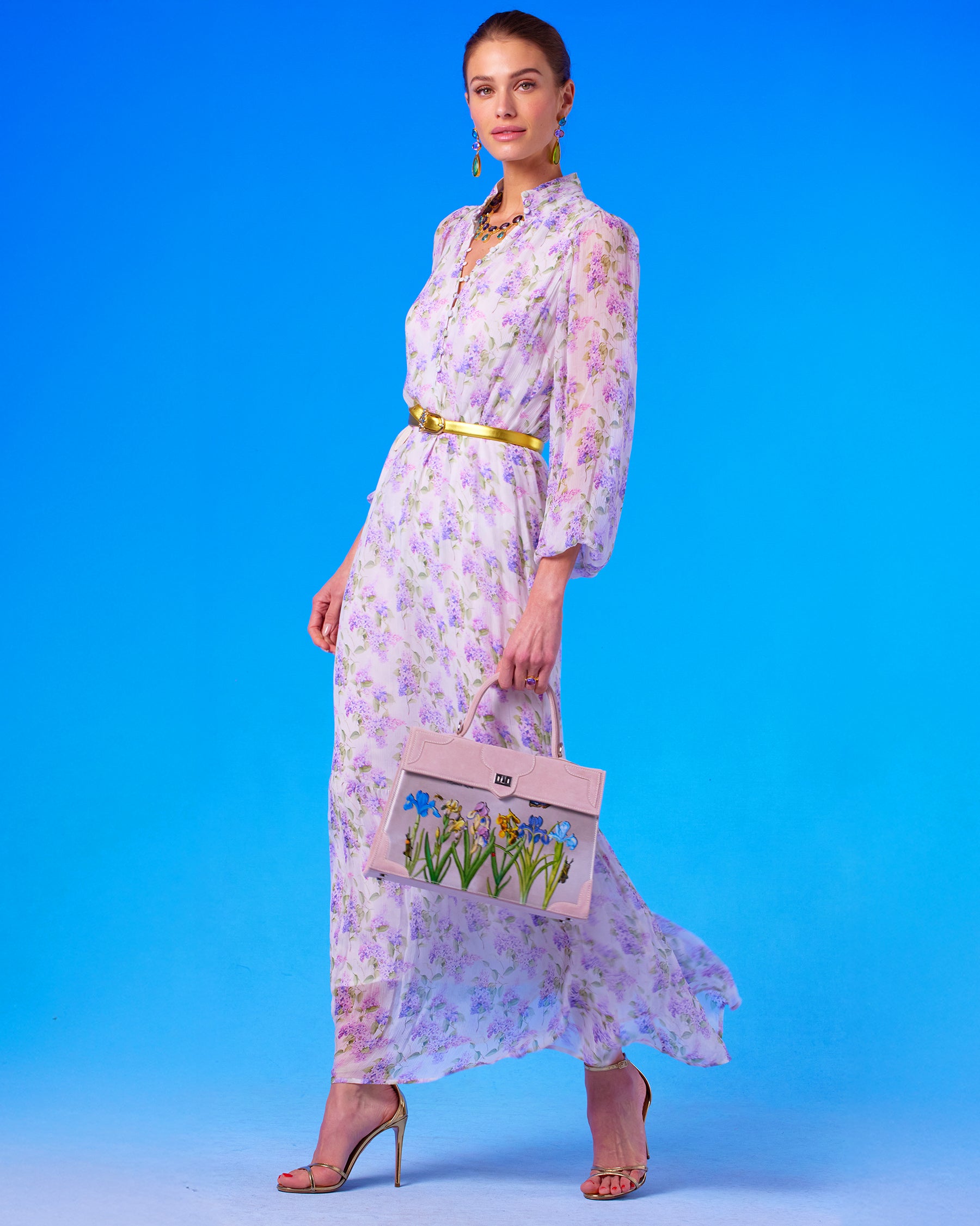 Marquise Paris Les Iris Top Handle Shoulder Bag in Pastel Pink worn with the Blythe Maxi Crinkle Chiffon Dress in Lavender Floral