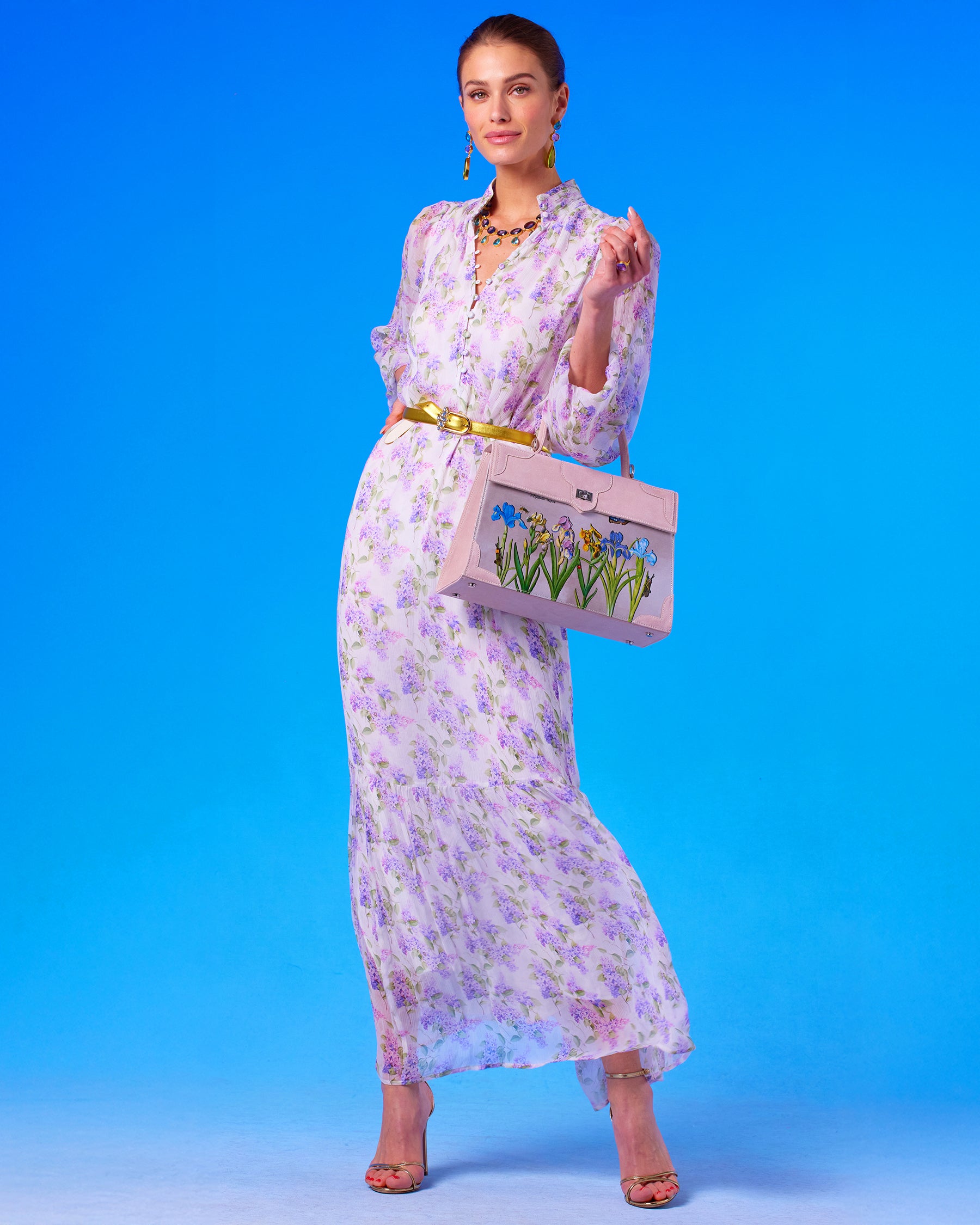 Marquise Paris Les Iris Top Handle Shoulder Bag in Pastel Pink worn with the Blythe Maxi Crinkle Chiffon Dress in Lavender Floral