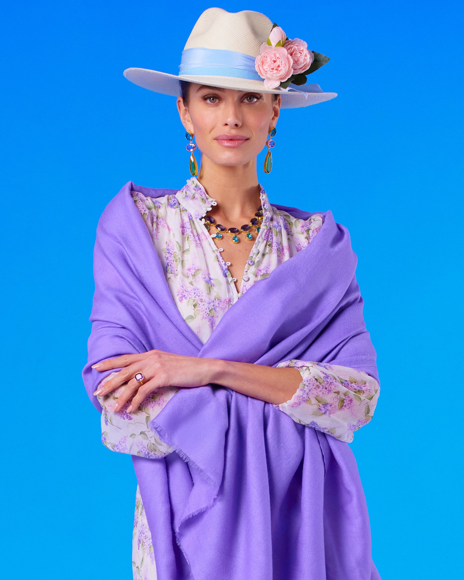 Josephine Pashmina Shawl in Bright Lavender worn with the Blythe Maxi Crinkle Chiffon Dress in Lavender Floral
