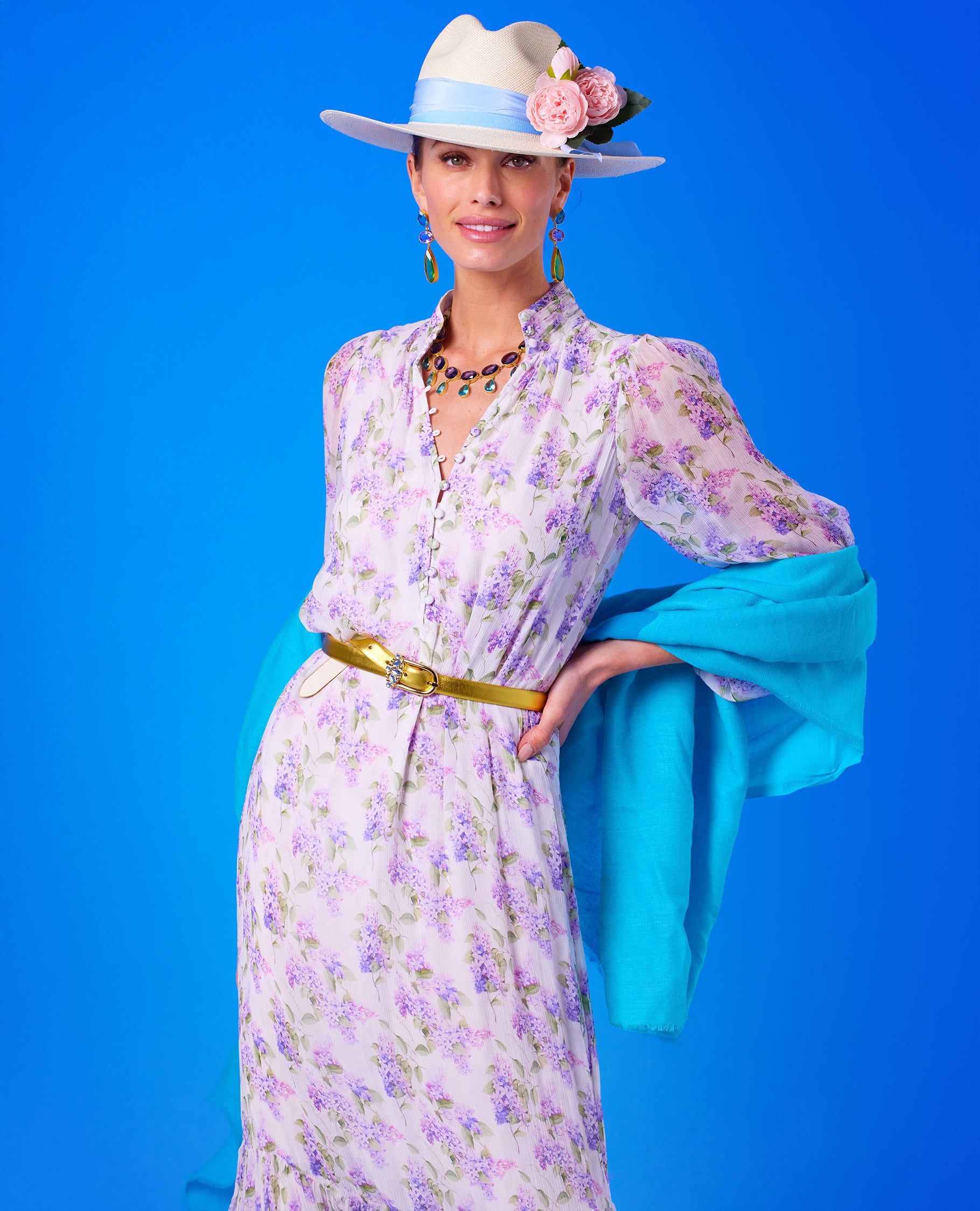 Josephine Pashmina Shawl in Tropical Turquoise worn with the Blythe Maxi Crinkle Chiffon Dress in Lavender Floral