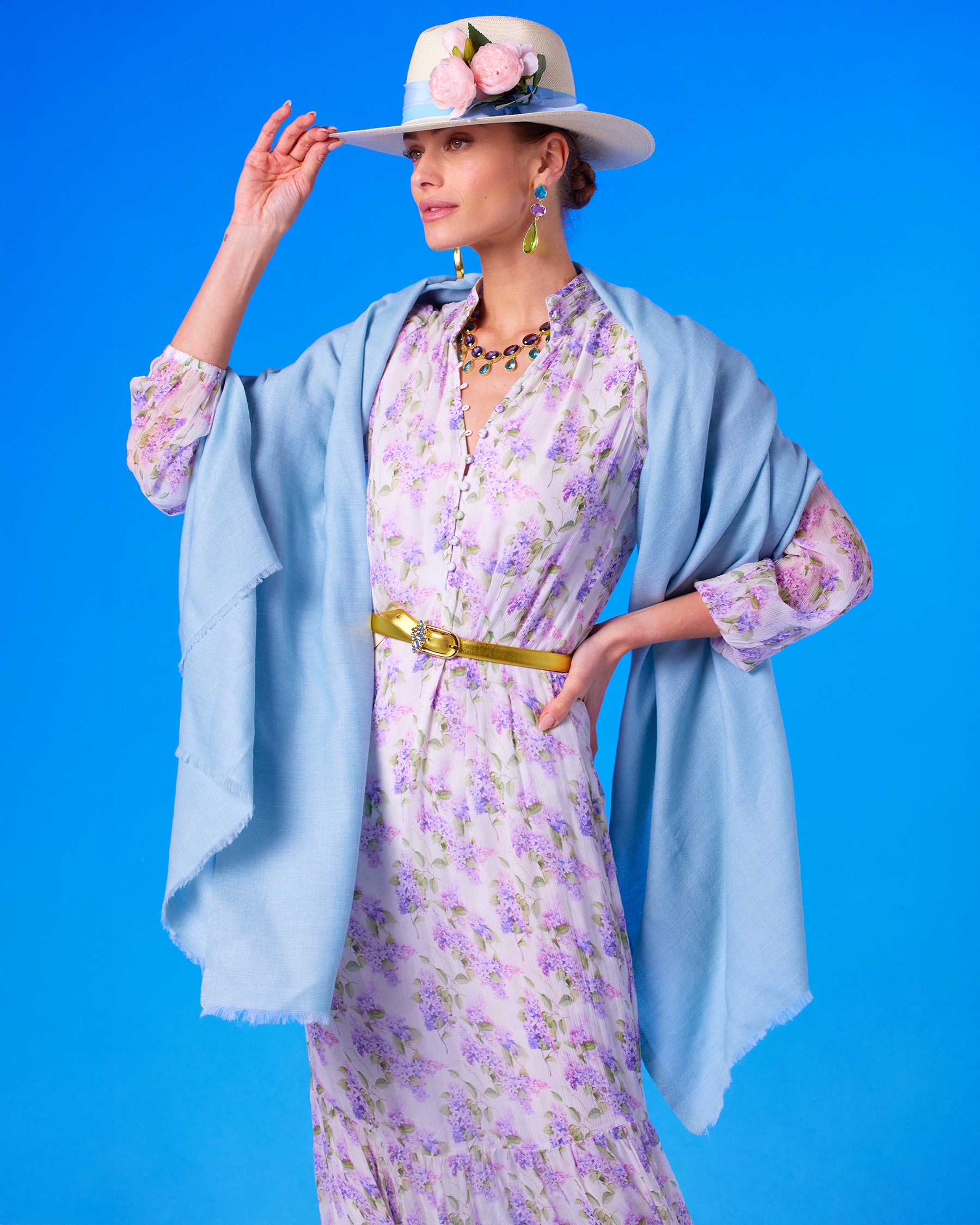 Josephine Pashmina Shawl in Robin Egg Blue with with the Blythe Maxi Crinkle Chiffon Dress in Lavender Floral