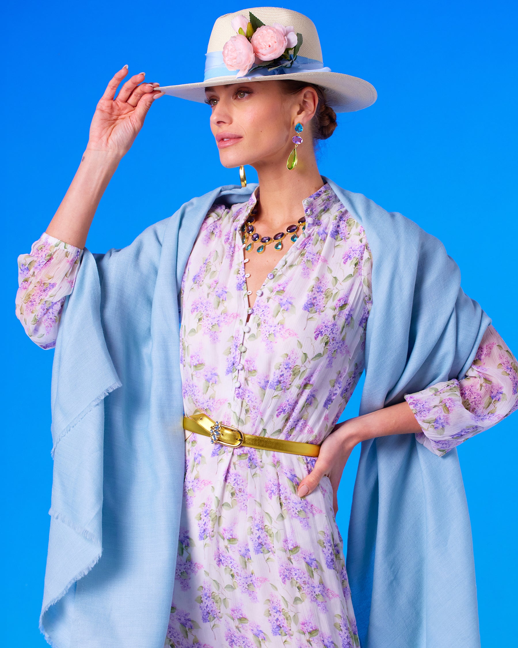 Chiara Dewdrop Necklace in Amethyst Purple and Crystal Blue worn with the Blythe Maxi Crinkle Chiffon Dress in Lavender Floral