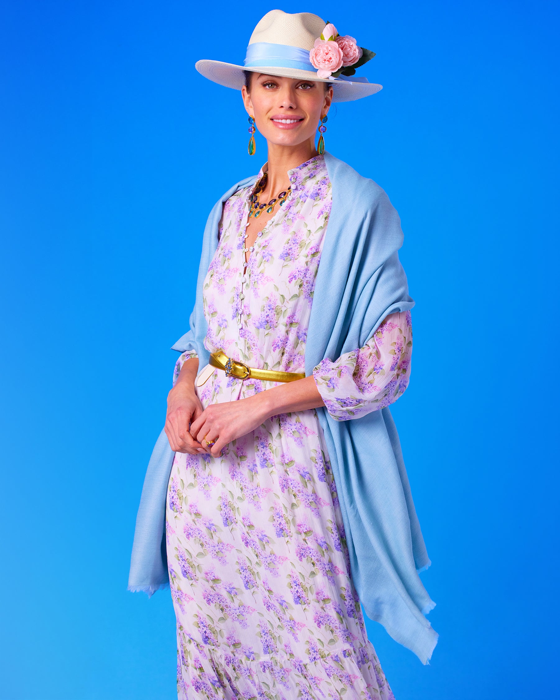Josephine Pashmina Shawl in Robin Egg Blue with with the Blythe Maxi Crinkle Chiffon Dress in Lavender Floral