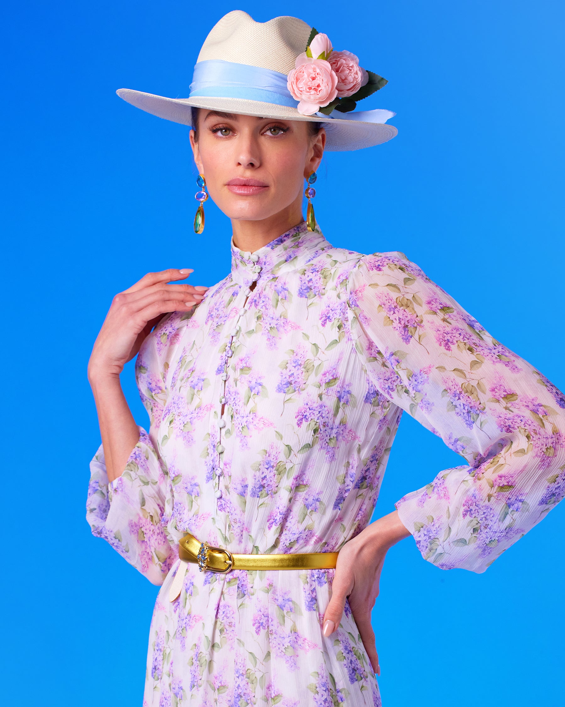 Pippa Panama Straw Hat wor with the Blythe Maxi Crinkle Chiffon Dress in Lavender Floral