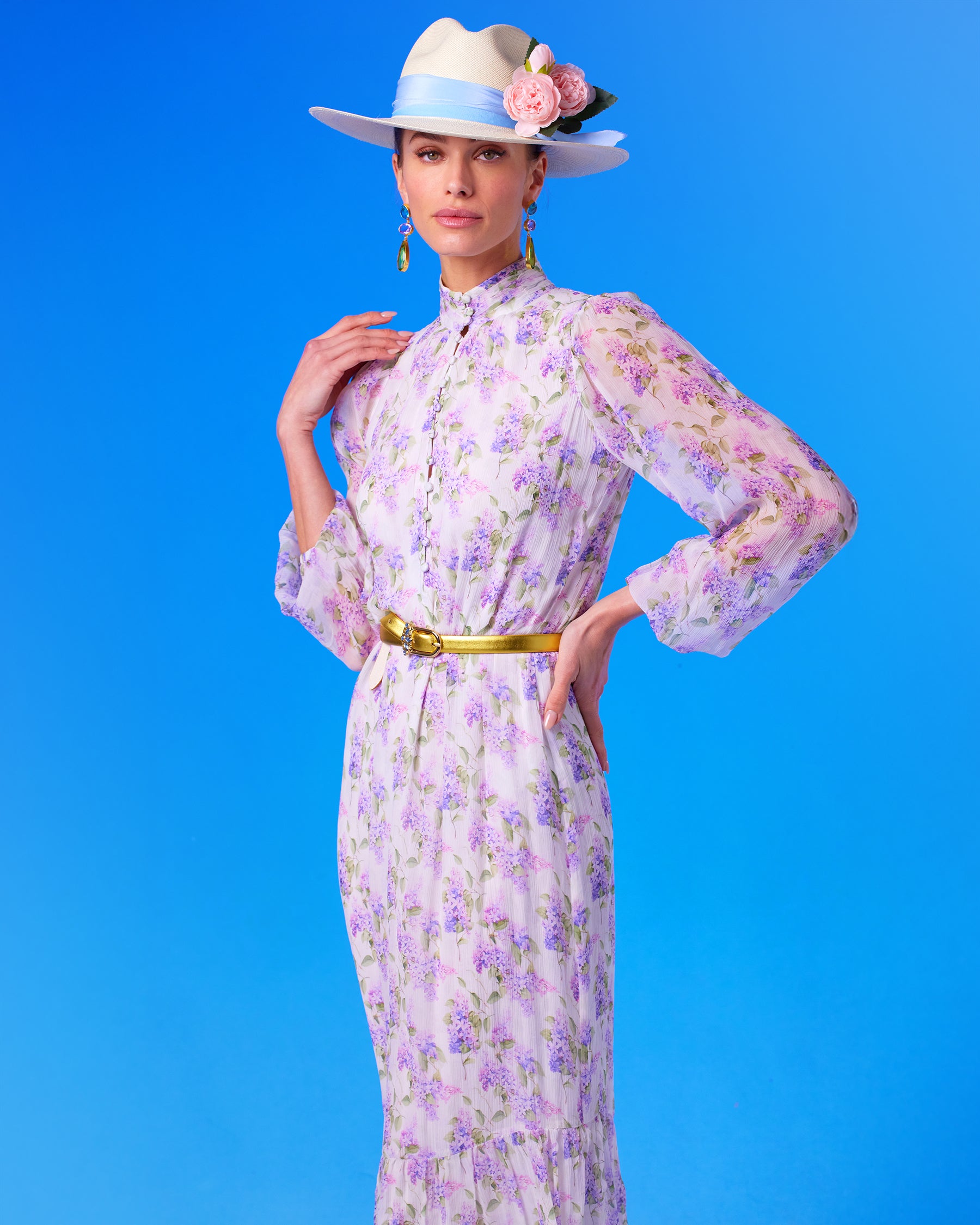 Harlow Gold Leather Belt in Blue Gem Accents worn with the Blythe Maxi Crinkle Chiffon Dress in Lavender Floral