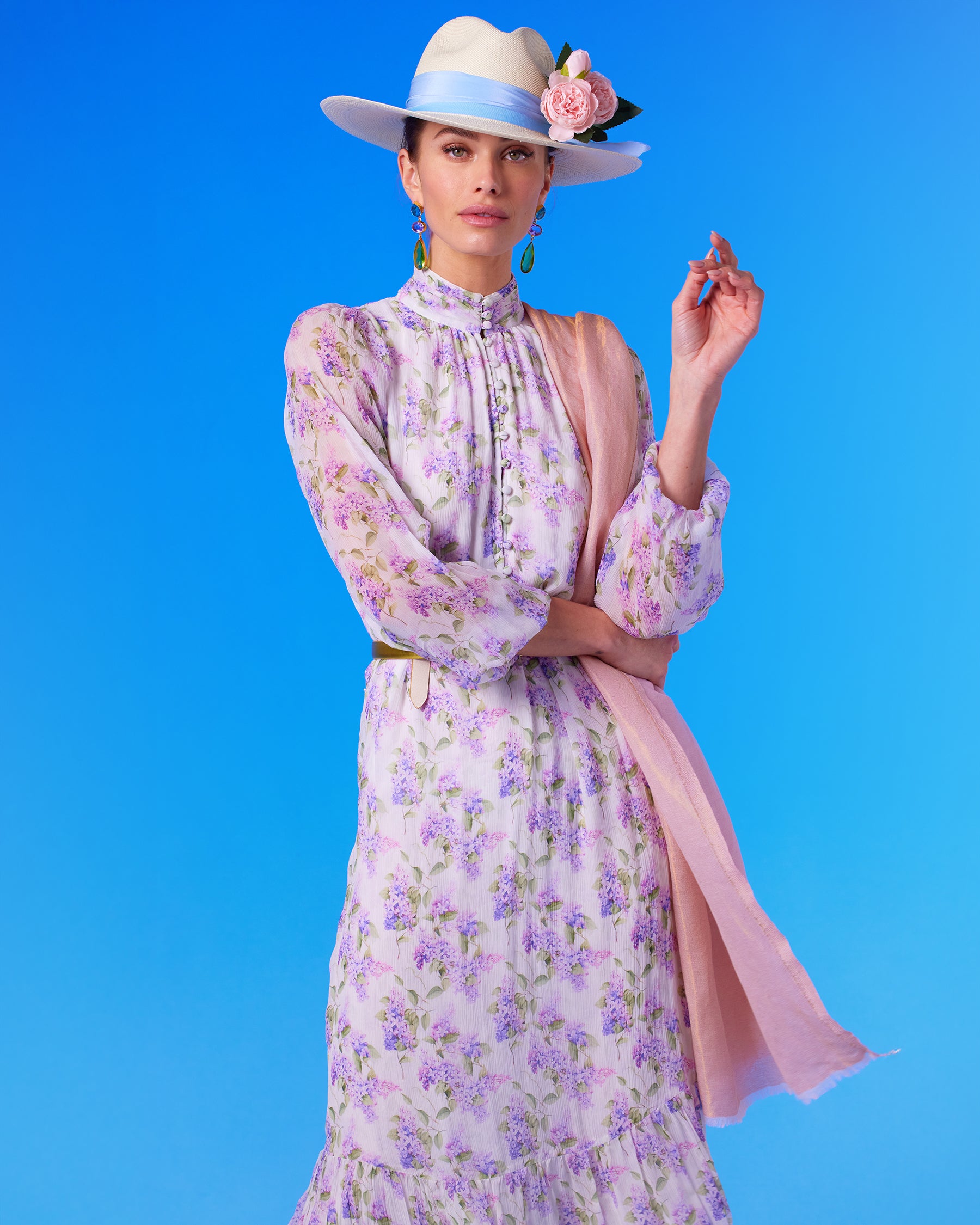 Elisa Reversible Pashmina Stole/Scarf in Gold Shimmer Blush Pink and the Blythe Maxi Crinkle Chiffon Dress in Lavender Floral