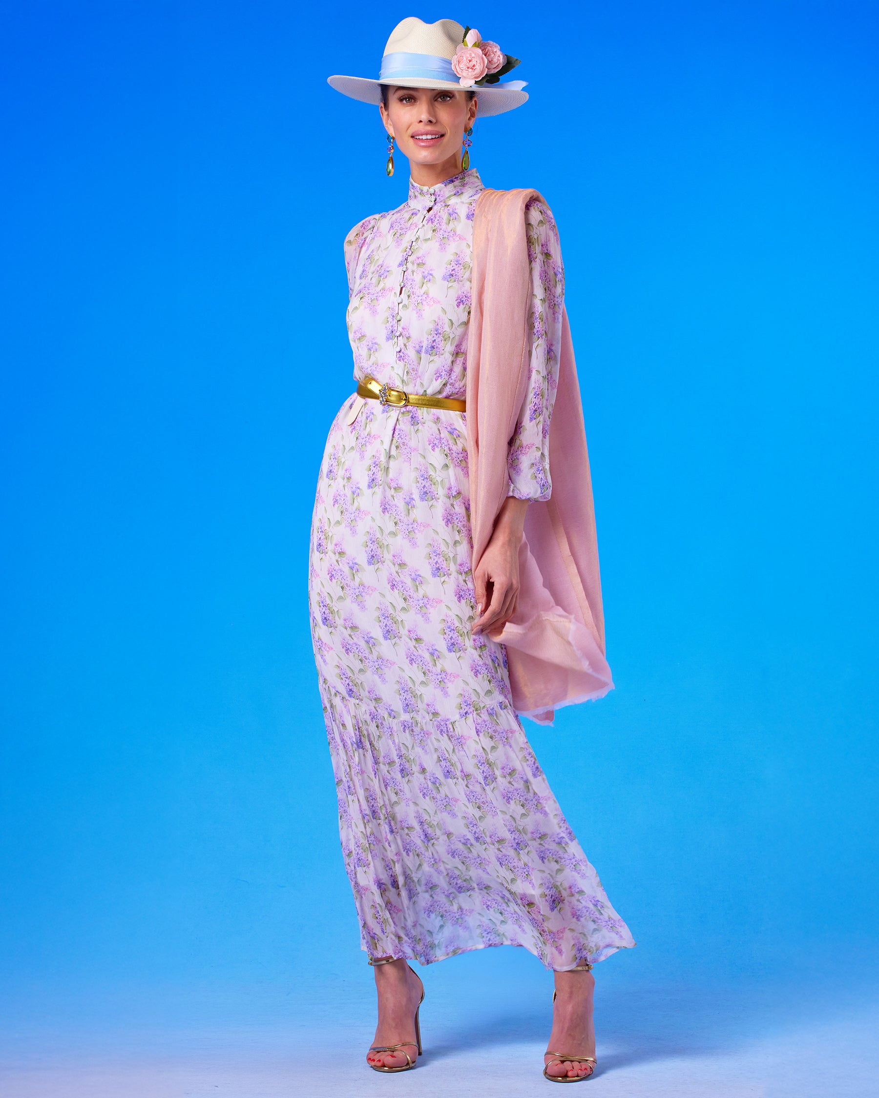 Elisa Reversible Pashmina Stole/Scarf in Gold Shimmer Blush Pink and the Blythe Maxi Crinkle Chiffon Dress in Lavender Floral