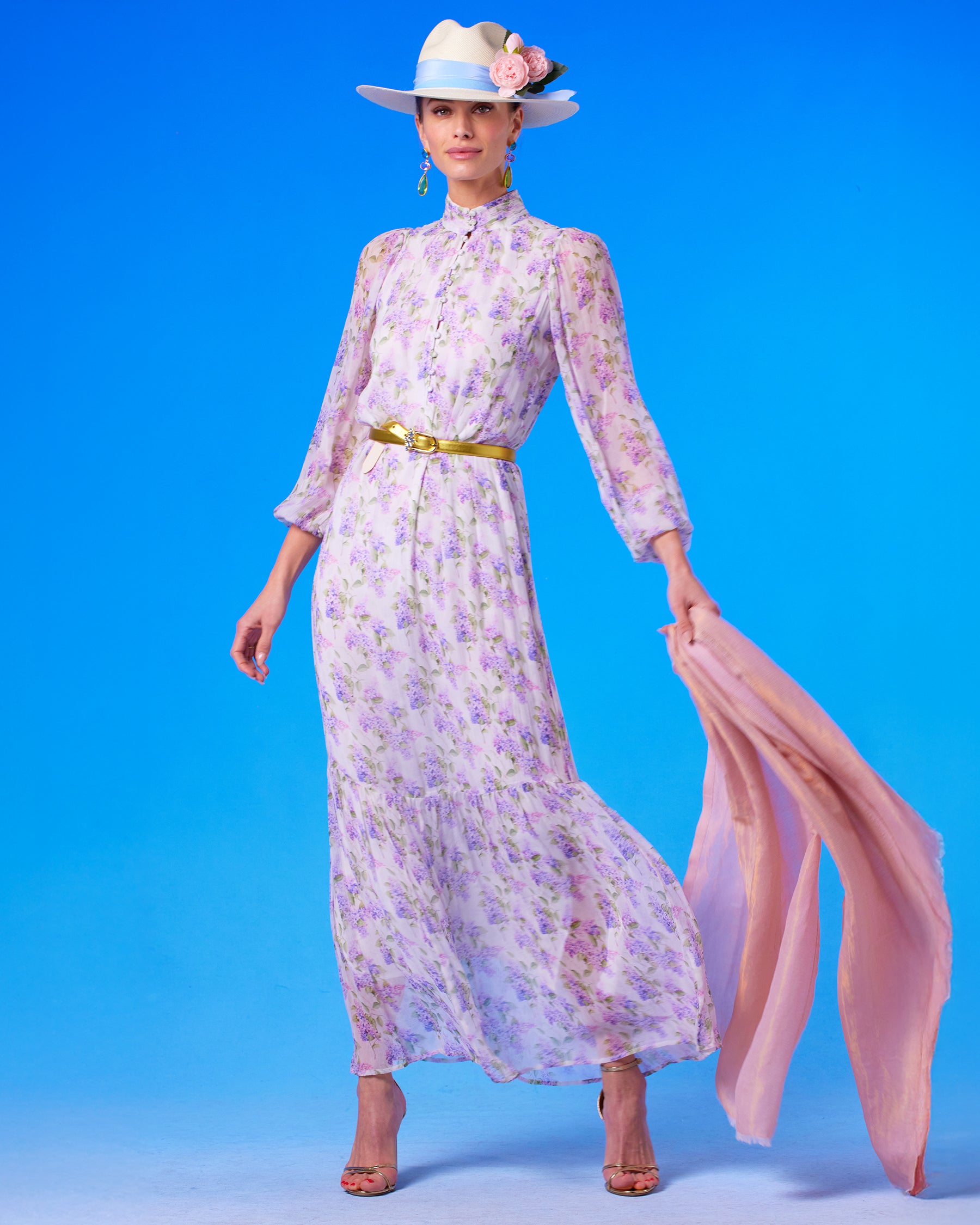 Elisa Reversible Pashmina Stole/Scarf in Gold Shimmer Blush Pink and the Blythe Maxi Crinkle Chiffon Dress in Lavender Floral