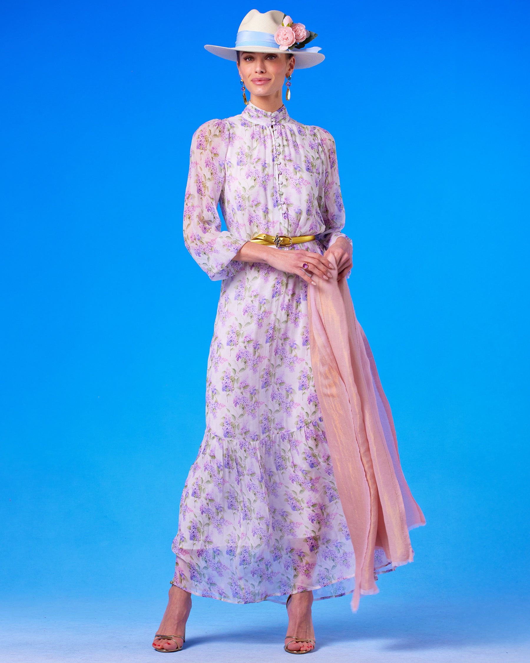 Elisa Reversible Pashmina Stole/Scarf in Gold Shimmer Blush Pink and the Blythe Maxi Crinkle Chiffon Dress in Lavender Floral
