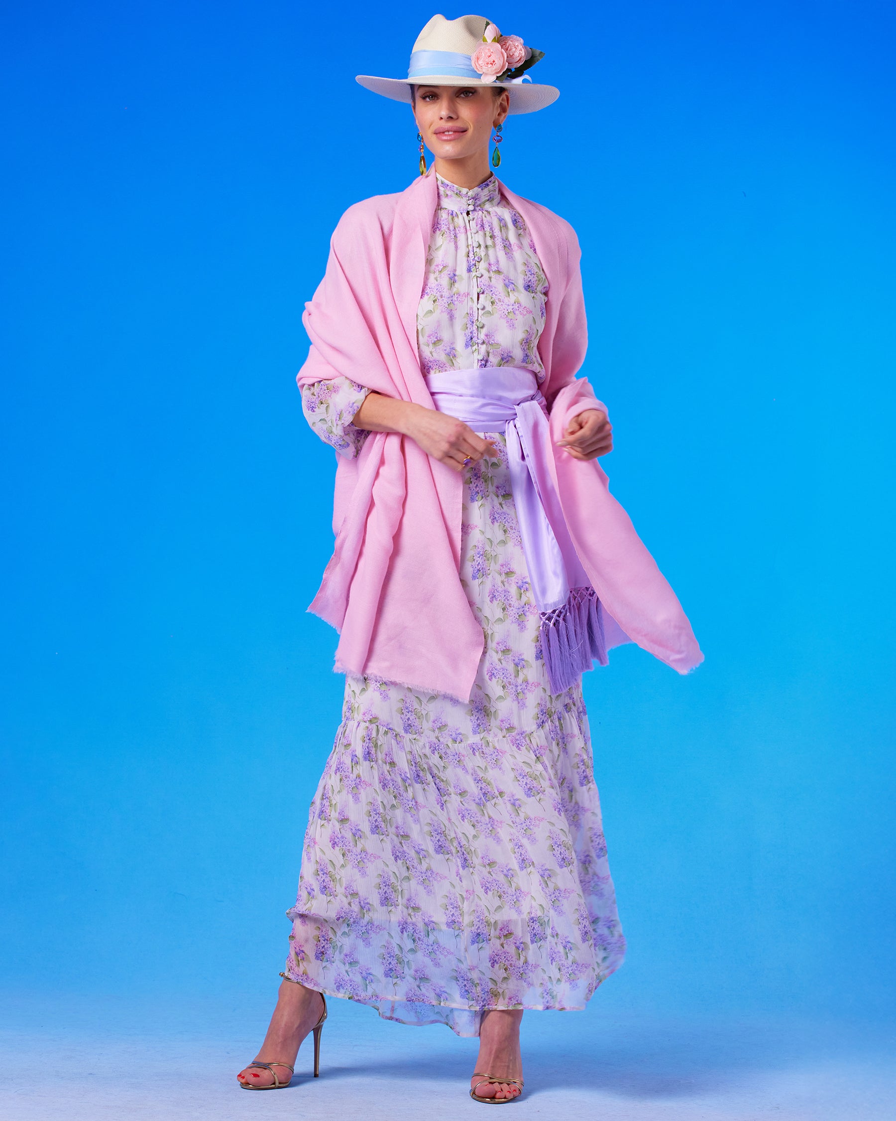 Josephine Pashmina Shawl in Blush Pink worh with the Blythe Maxi Crinkle Chiffon Dress in Lavender Floral