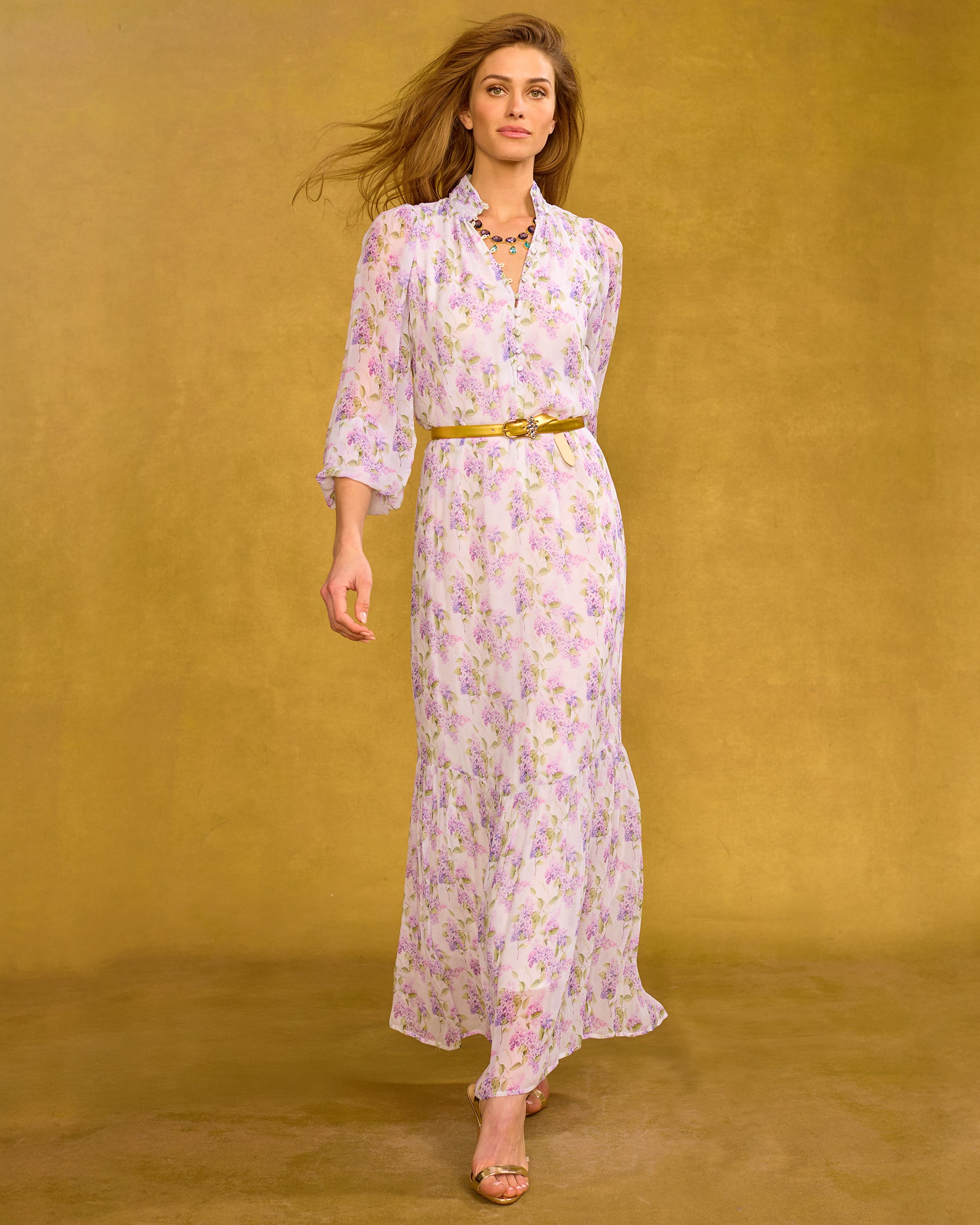 Blythe Maxi Crinkle Chiffon Dress in Lavender Floral walking front view