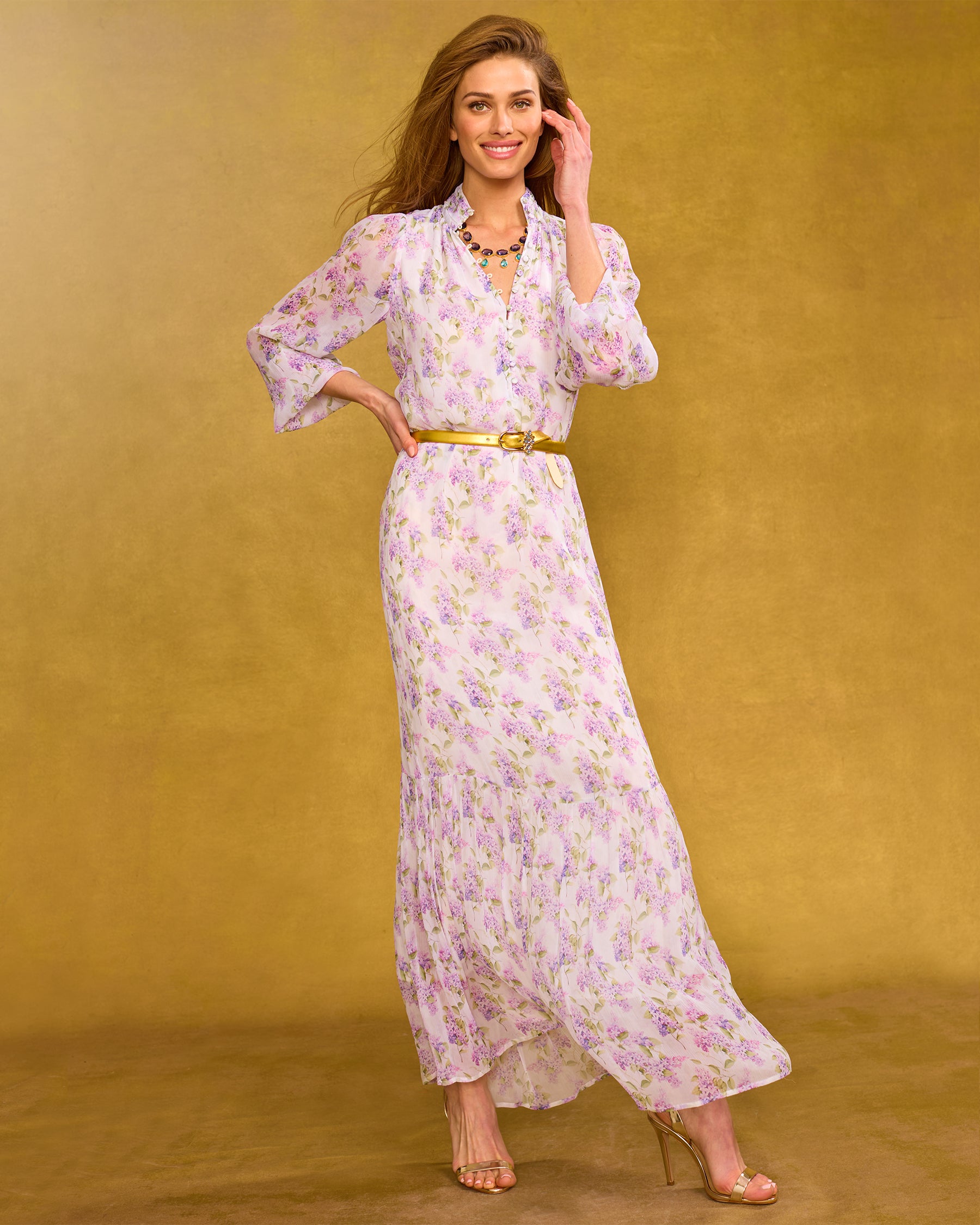 Blythe Maxi Crinkle Chiffon Dress in Lavender Floral looking front view and smiling