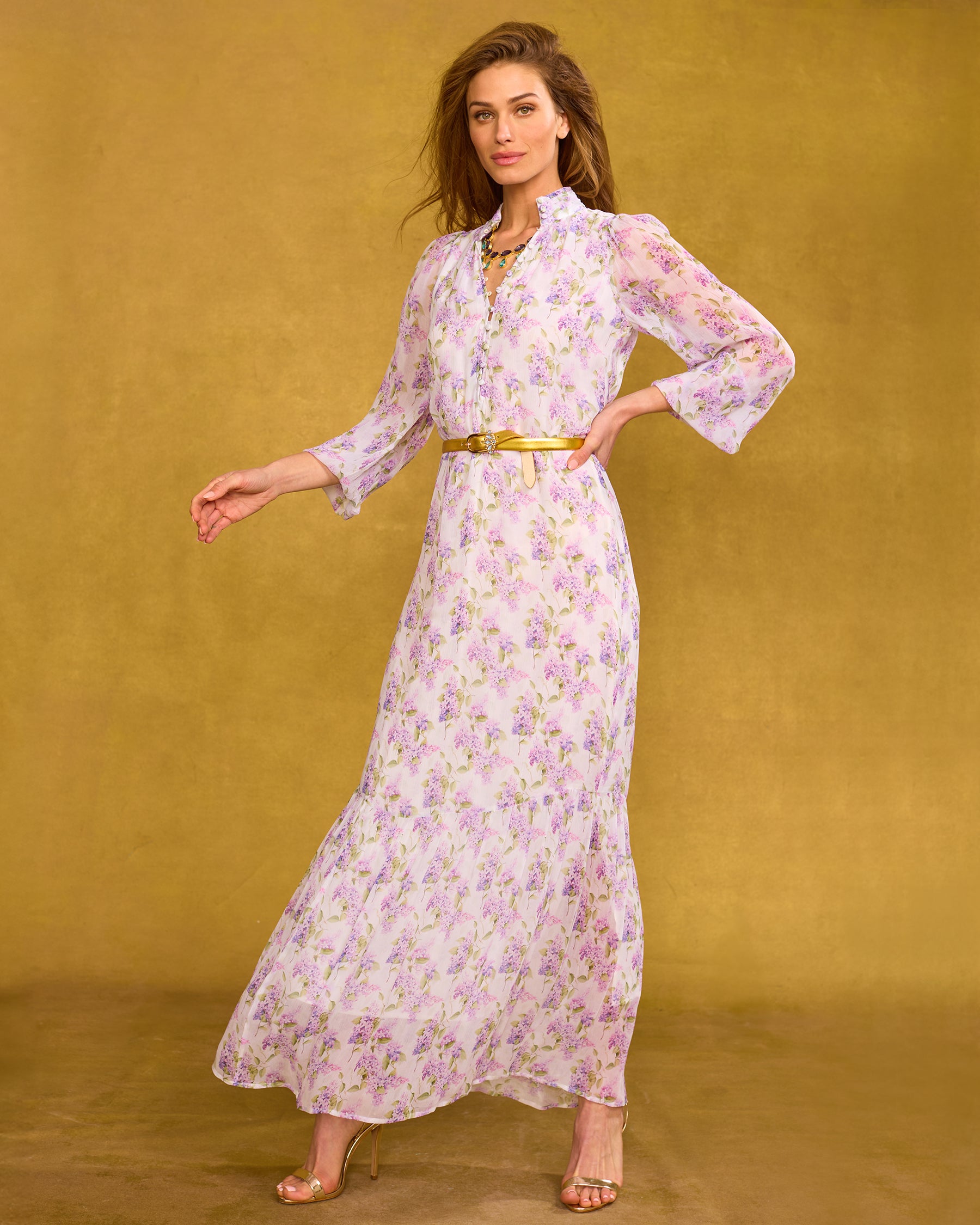 Blythe Maxi Crinkle Chiffon Dress in Lavender Floral with hand up