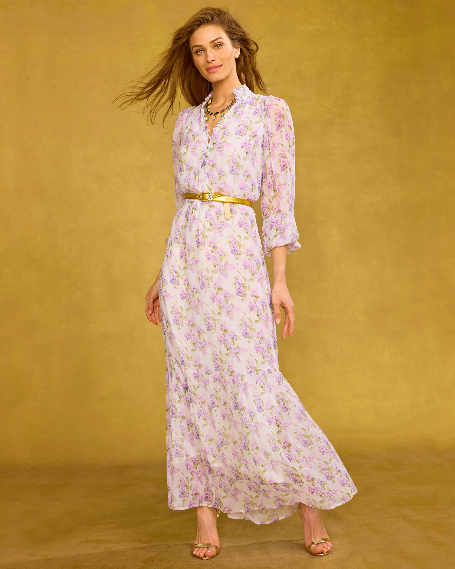 Blythe Maxi Crinkle Chiffon Dress in Lavender Floral front view