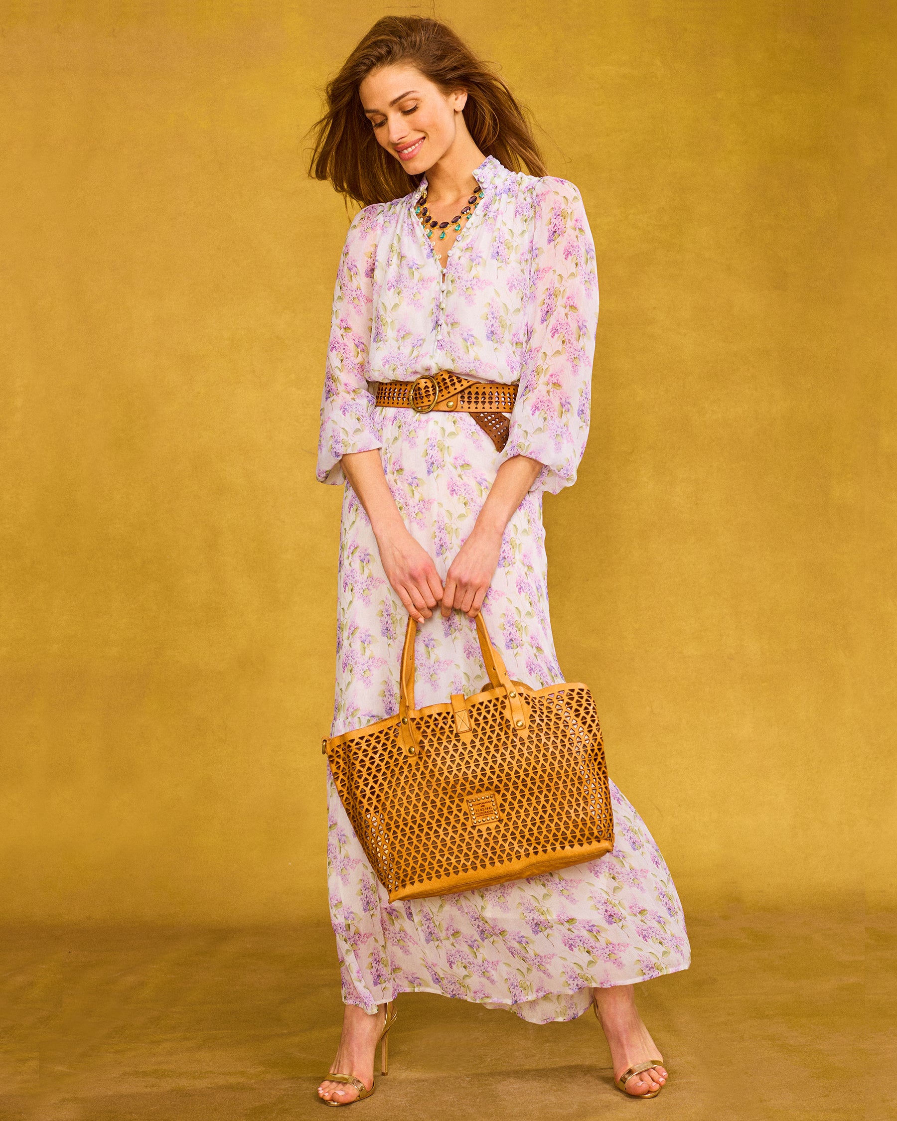 Campomaggi Malibu Pyramid Laser Cut Belt in Tan worn with the Blythe Maxi Crinkle Chiffon Dress in Lavender Floral