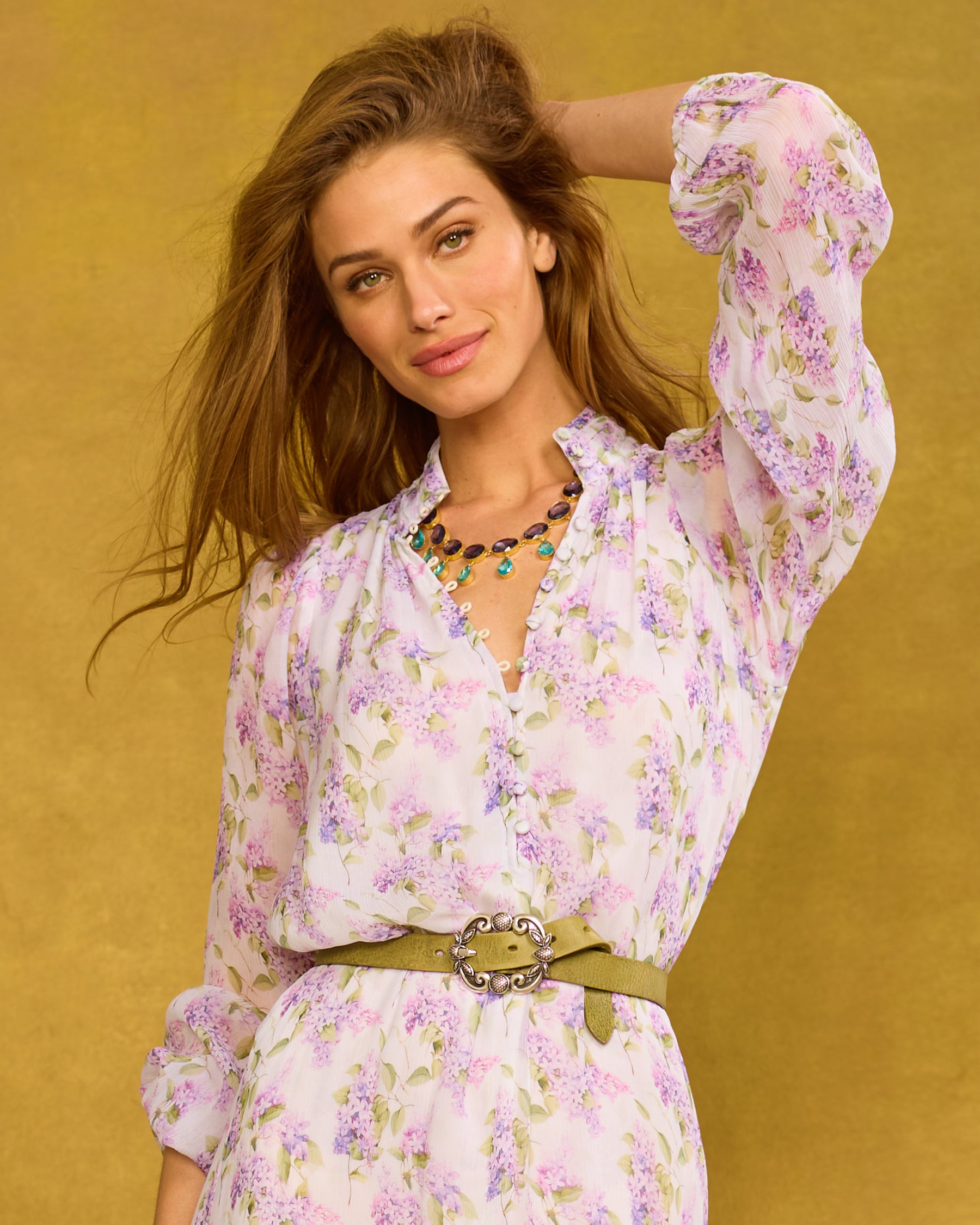 Chiara Dewdrop Necklace in Amethyst Purple and Crystal Blue worn with the Blythe Maxi Crinkle Chiffon Dress in Lavender Floral