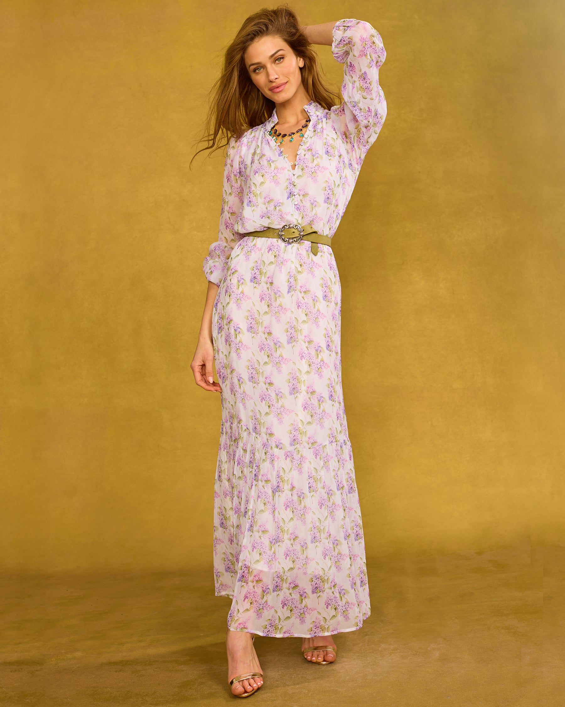 Harper Leather Belt in Sage worn with the Blythe Maxi Crinkle Chiffon Dress in Lavender Floral