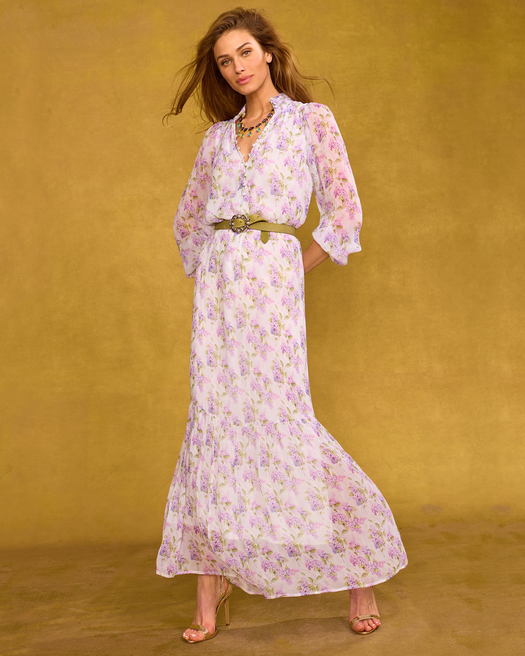 Blythe Maxi Crinkle Chiffon Dress in Lavender Floral front view