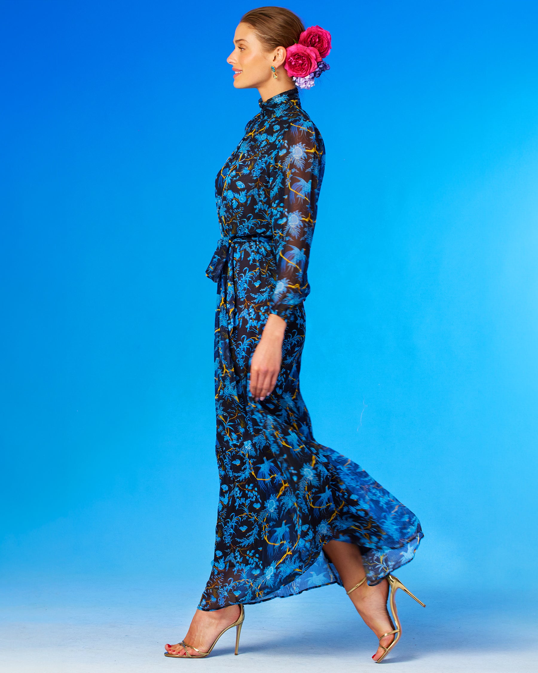 Blythe Maxi Crinkle Chiffon Dress in Midnight Garden-Seide view walking