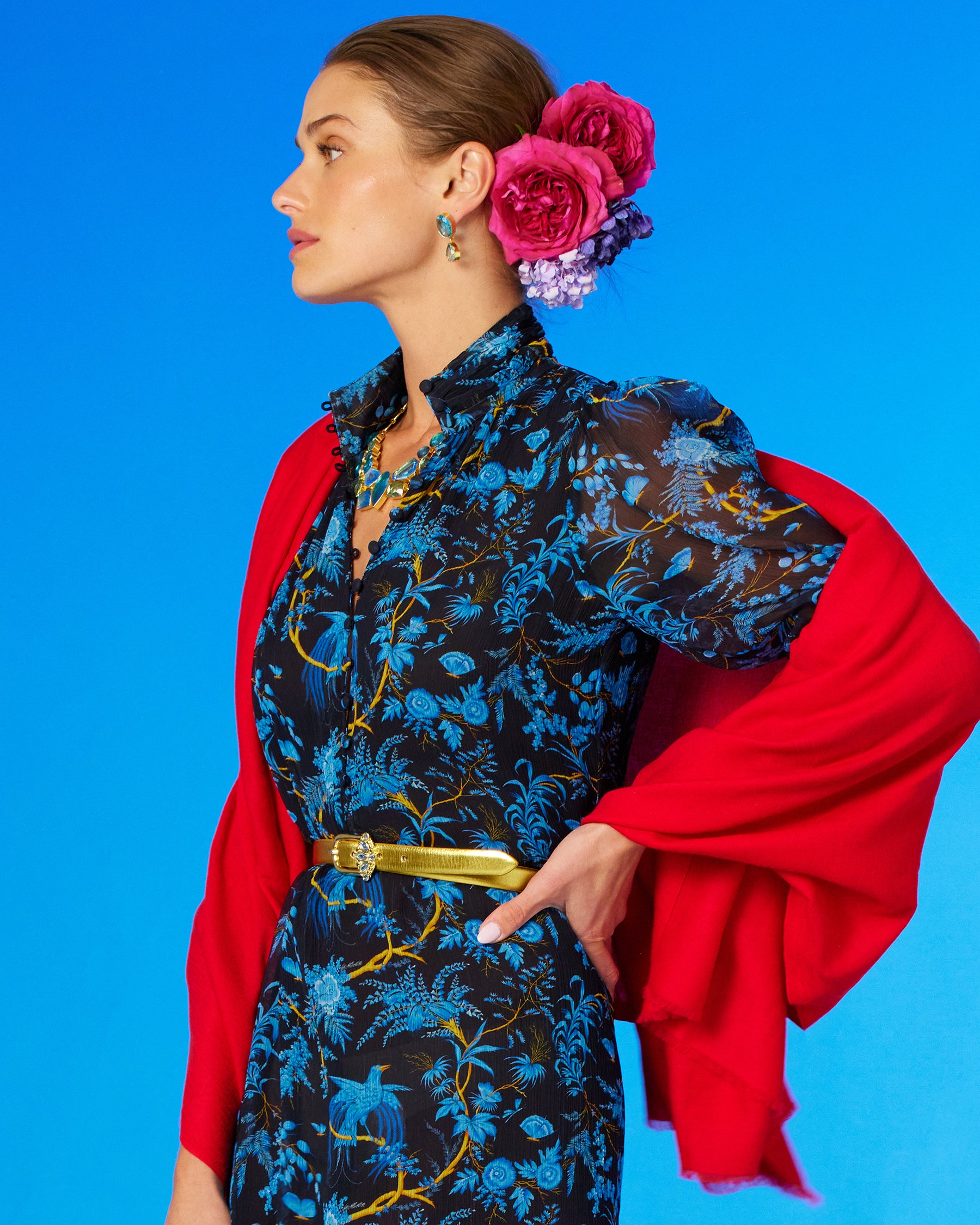 Chiara Dewdrop Earrings in Bermuda Blues worn with the Blythe Maxi Crinkle Chiffon Dress in Midnight Garden