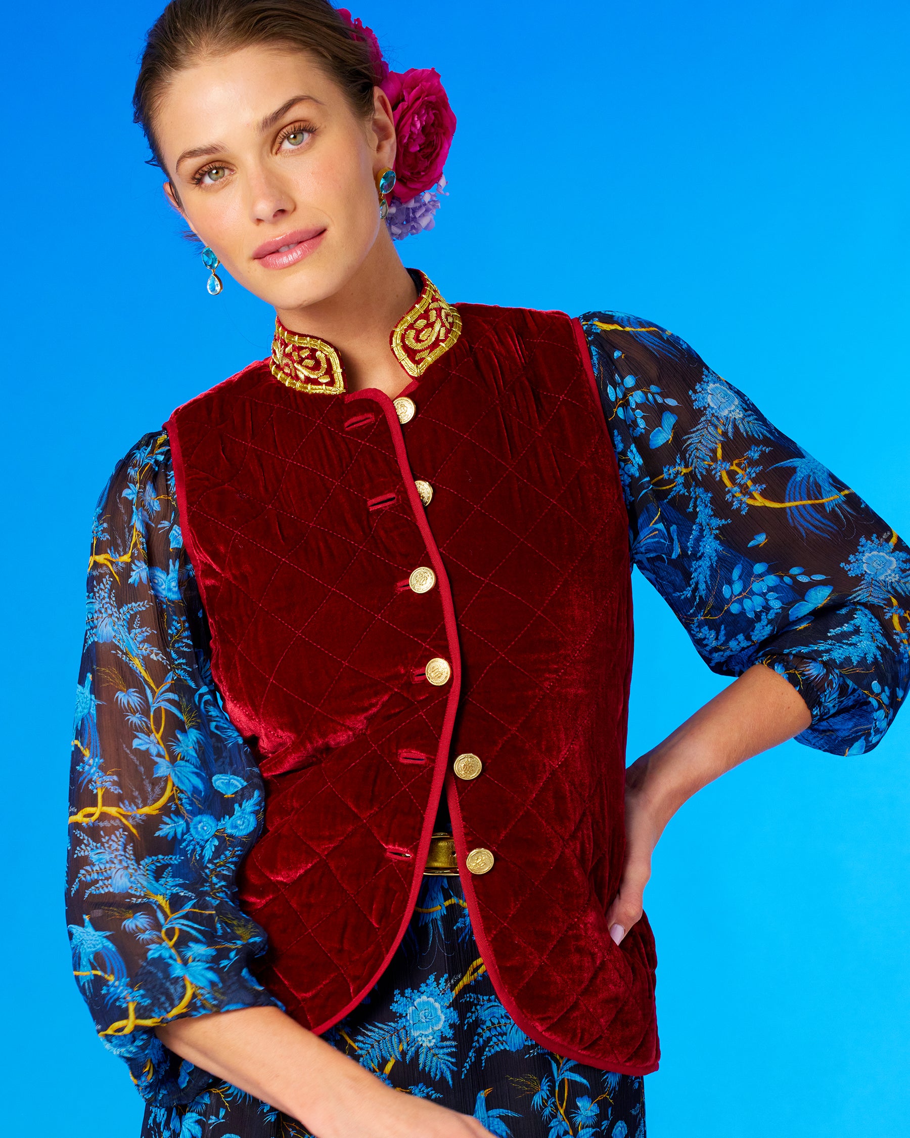 Bentley Quilted Vest in Crimson Red Silk Blend Velvet and Gold Embellishment-Worn with the Blythe Chiffon Dress in Midnight Garden