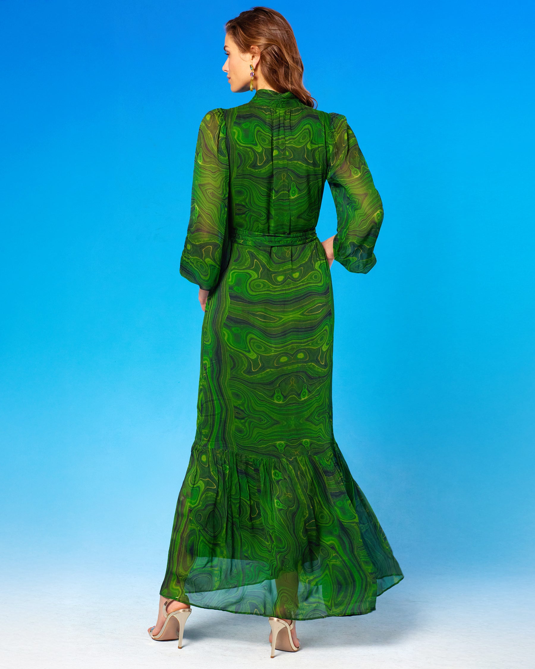 Blythe Maxi Crinkle Chiffon Dress in Malachite back view