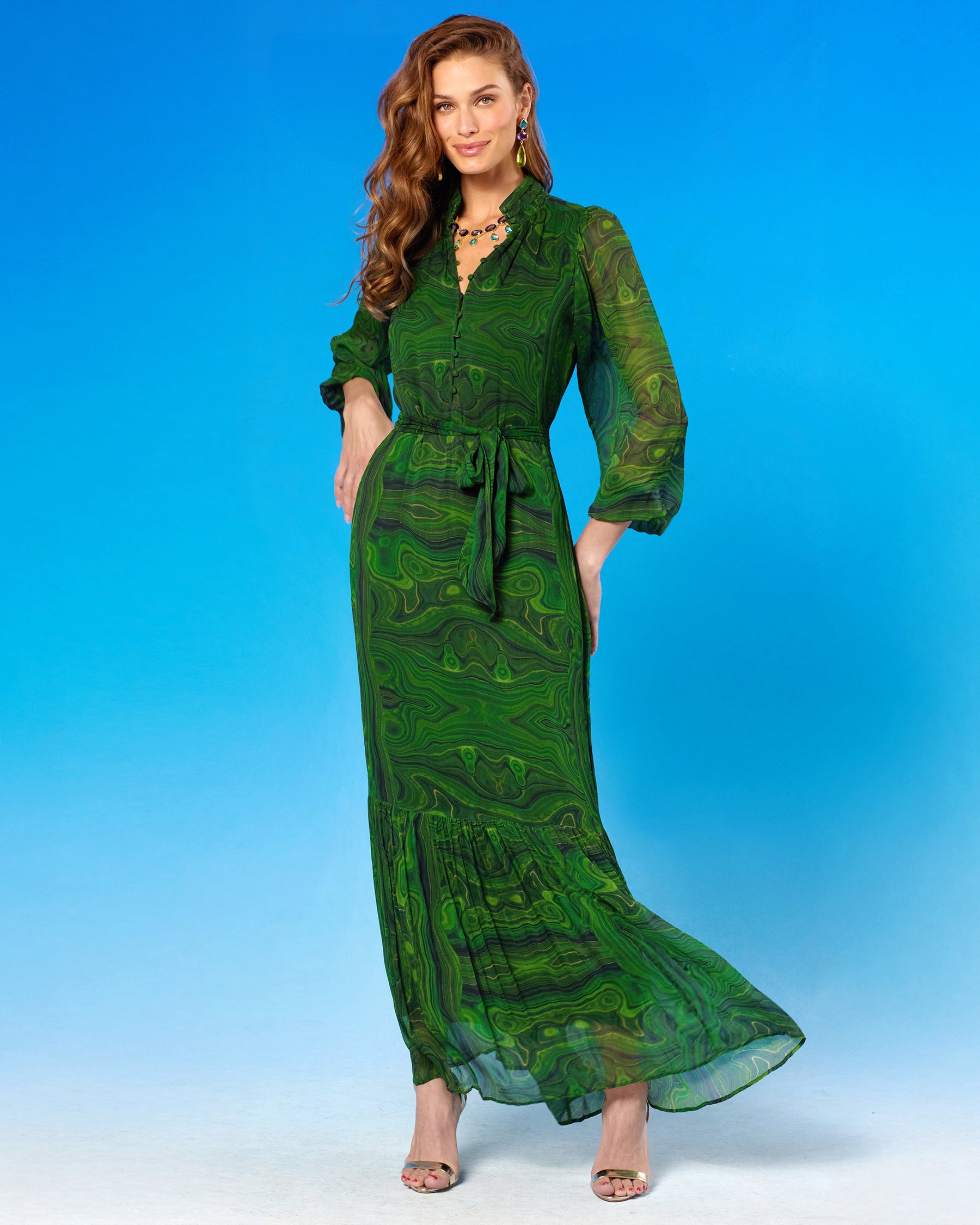 Blythe Maxi Crinkle Chiffon Dress in Malachite full view