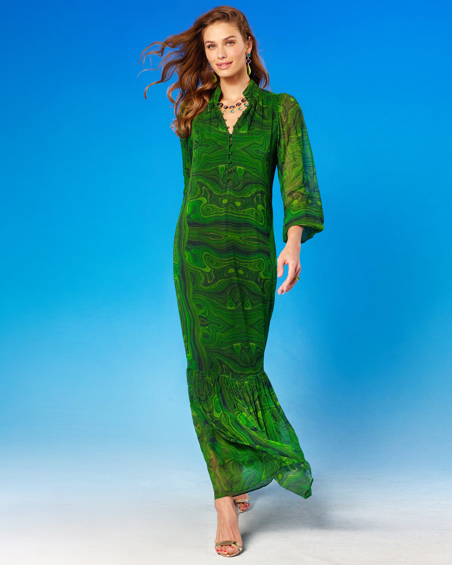 Blythe Maxi Crinkle Chiffon Dress in Malachite without self belt